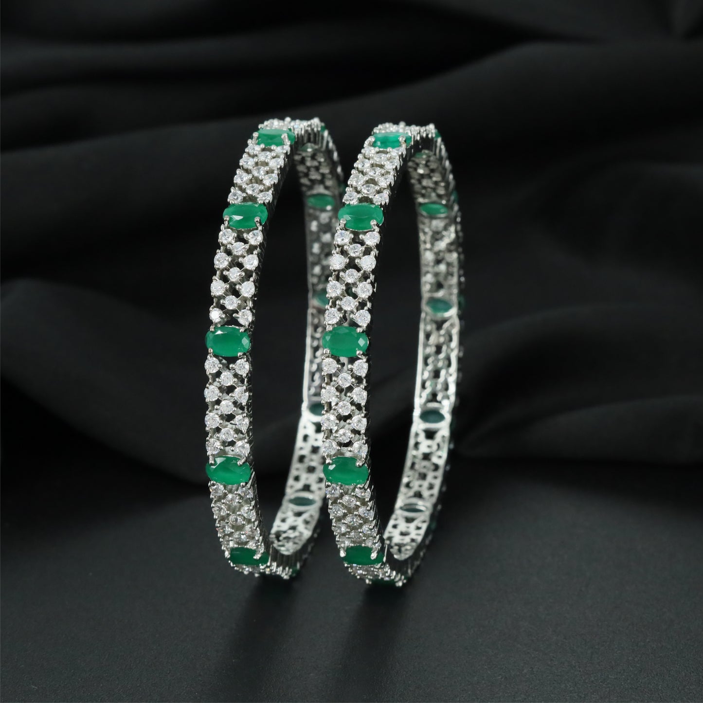 Illusion Trellis Rhodium Bangles with Intricate Connector Styling