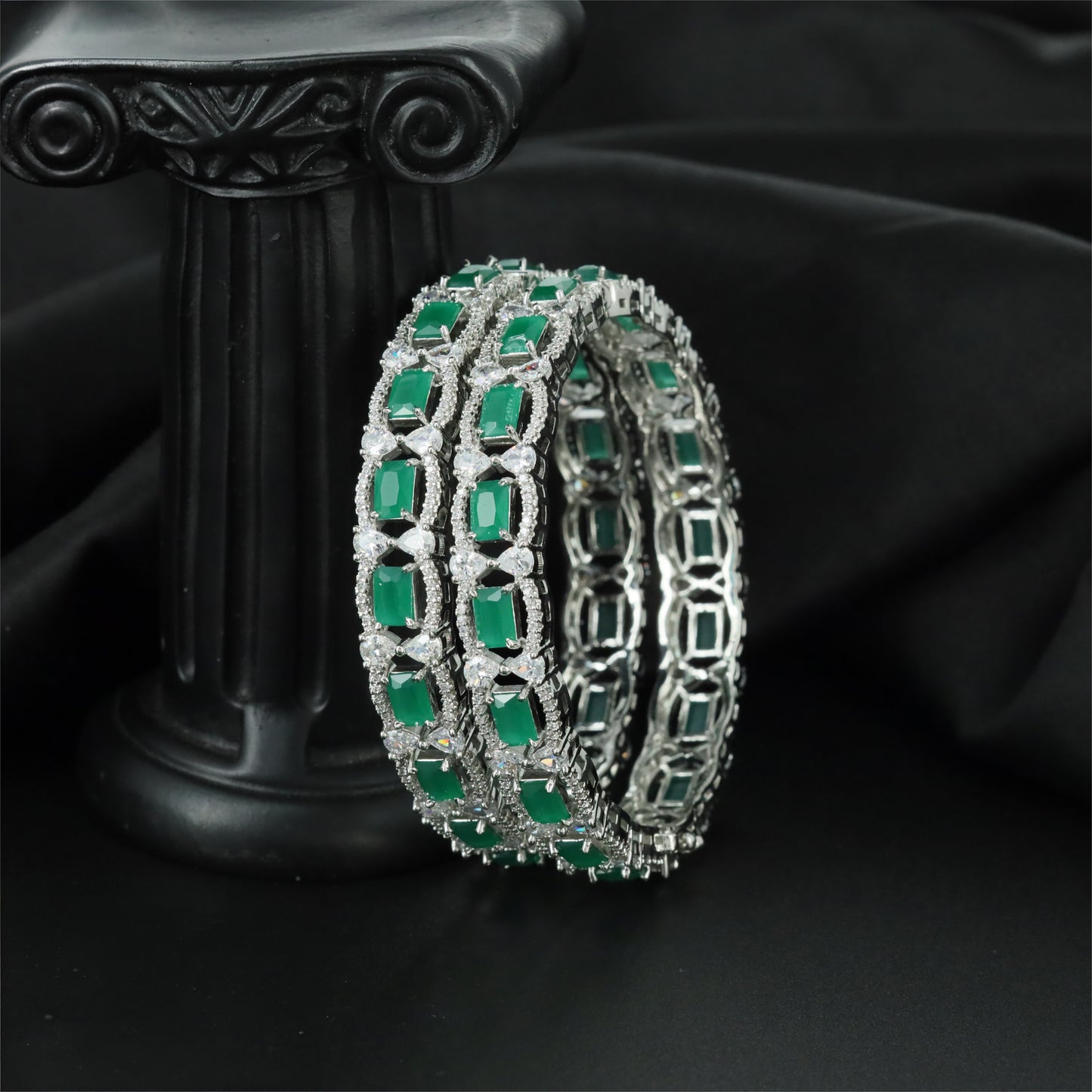 Geometric Exclusive Rhodium Bangles with Rectangular Settings and Curved Links