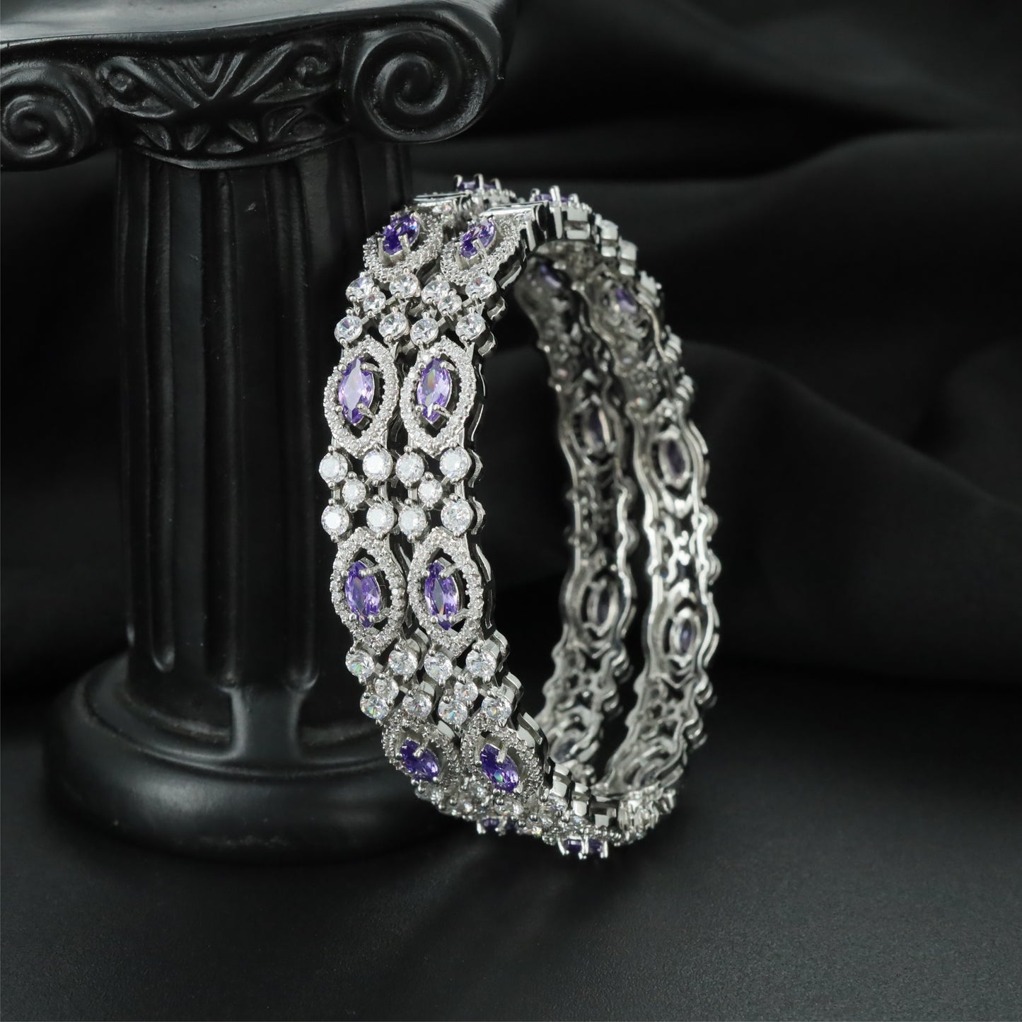 Blooming Cluster Rhodium Bangles with Decorative Border Detailing
