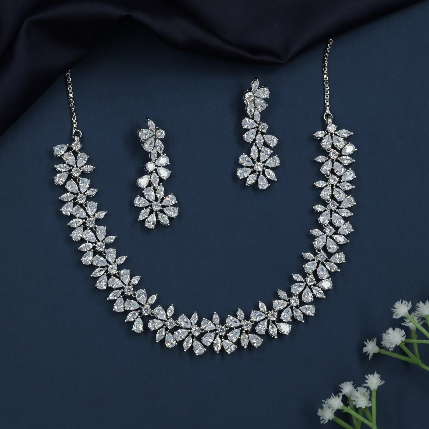 Luxury Rhodium Finish Floral Vine Bridal Necklace