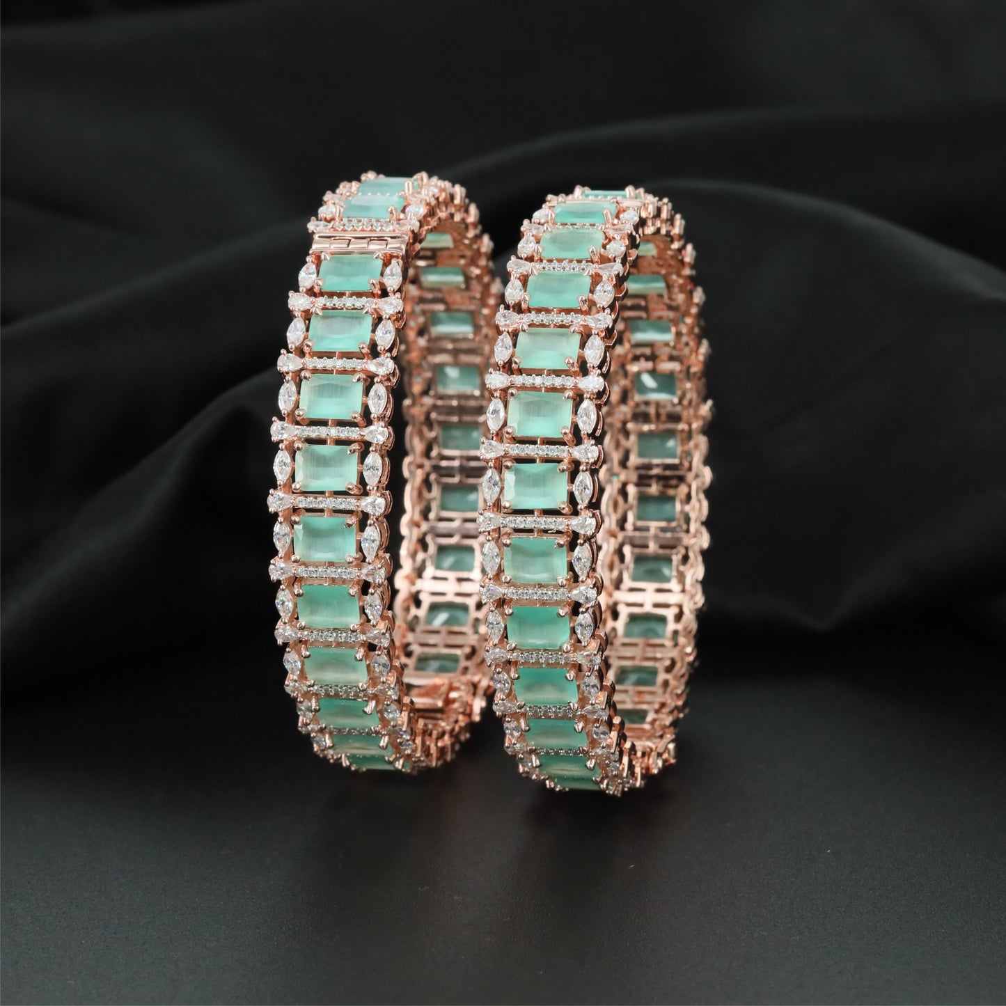 Gemline Border Rose Gold Bangles with Detailed Framework Construction