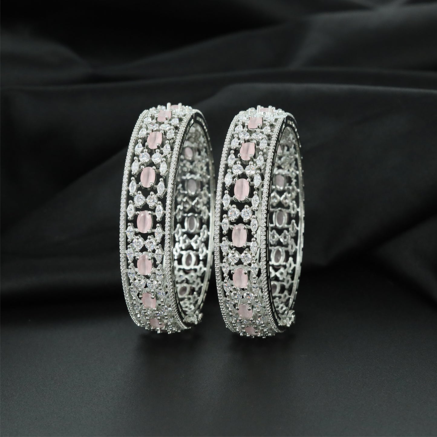 Floret Network Rhodium Bangles with Repeating Structural Layout