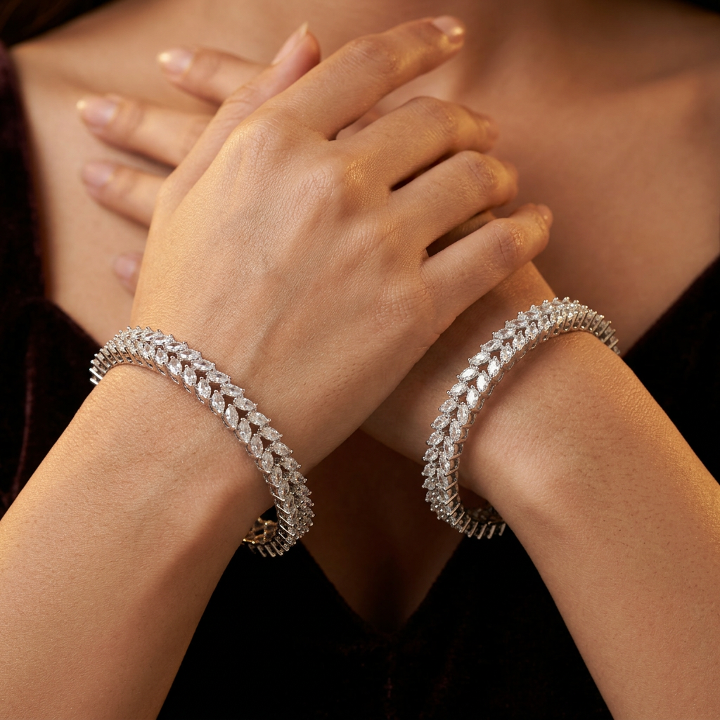 Vine Chevron Rhodium Bangles with Decorative Border Construction