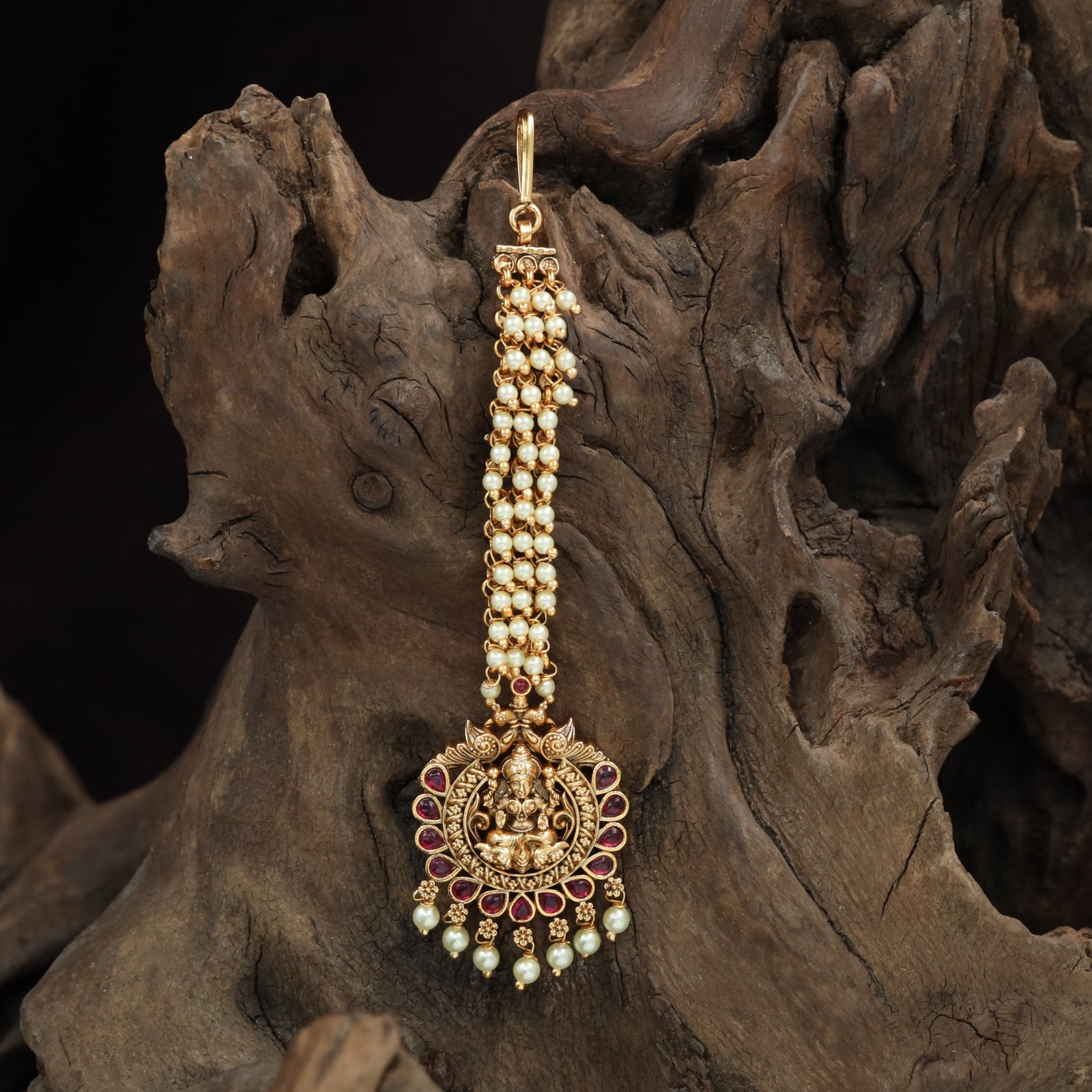 Stone Fringe Antique Tikka with Lakshmi Pendant and Orb Tassels
