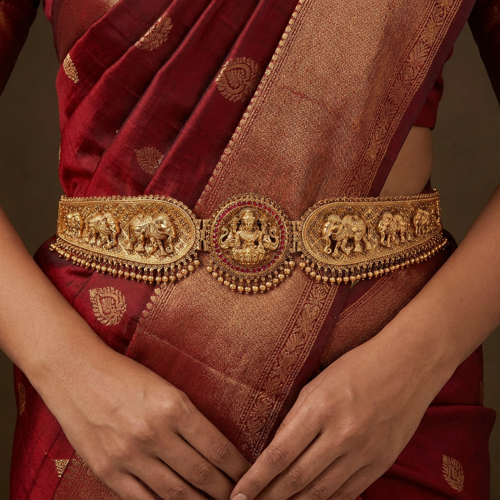 Antique Lakshmi Elephant Dabu Waist Belt with Bead Drops