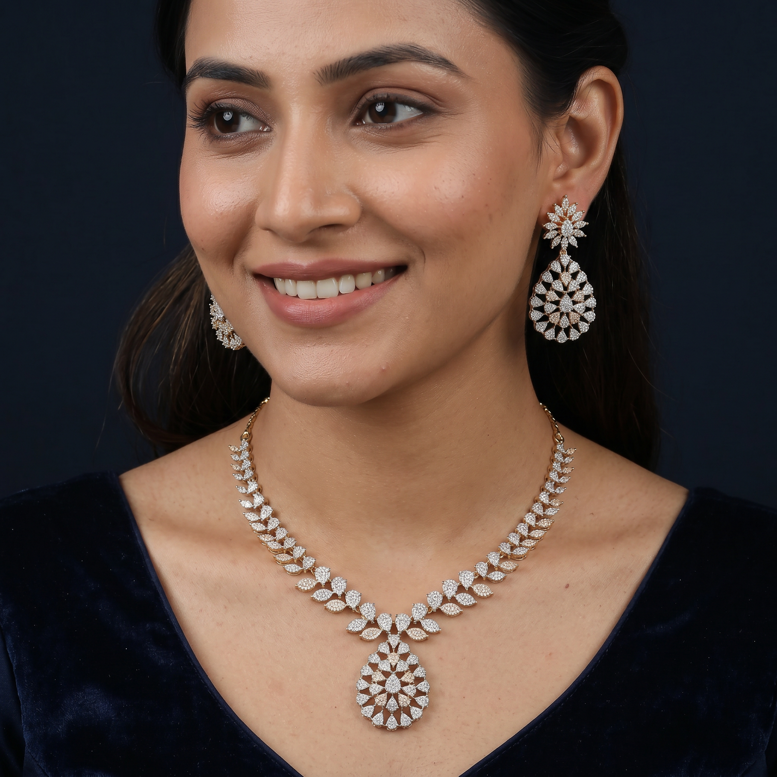 Aster Leaf Necklace with Floral Drop Pendant Design