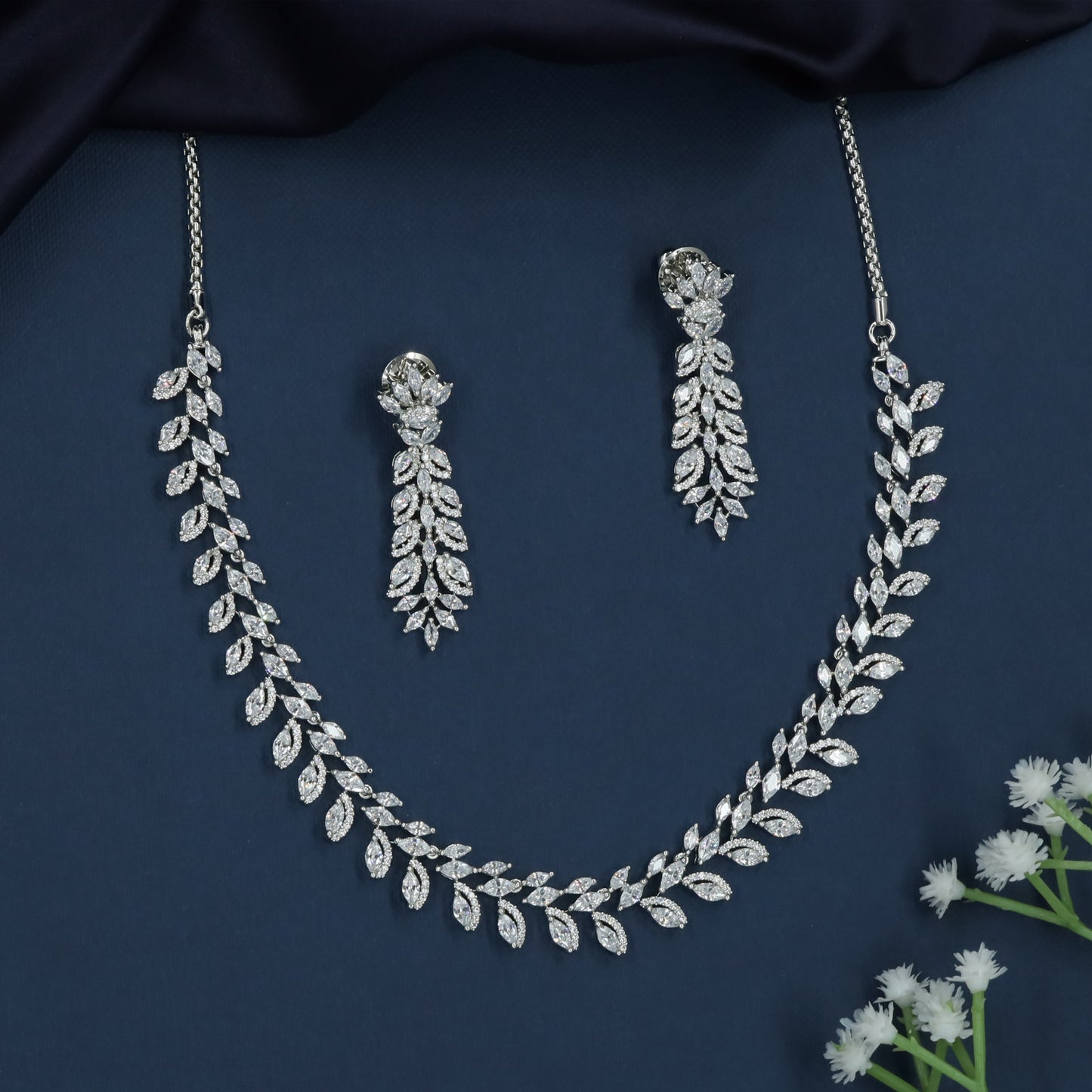 Crystal Fern Rhodium Necklace with Symmetrical Leaf Arrangement