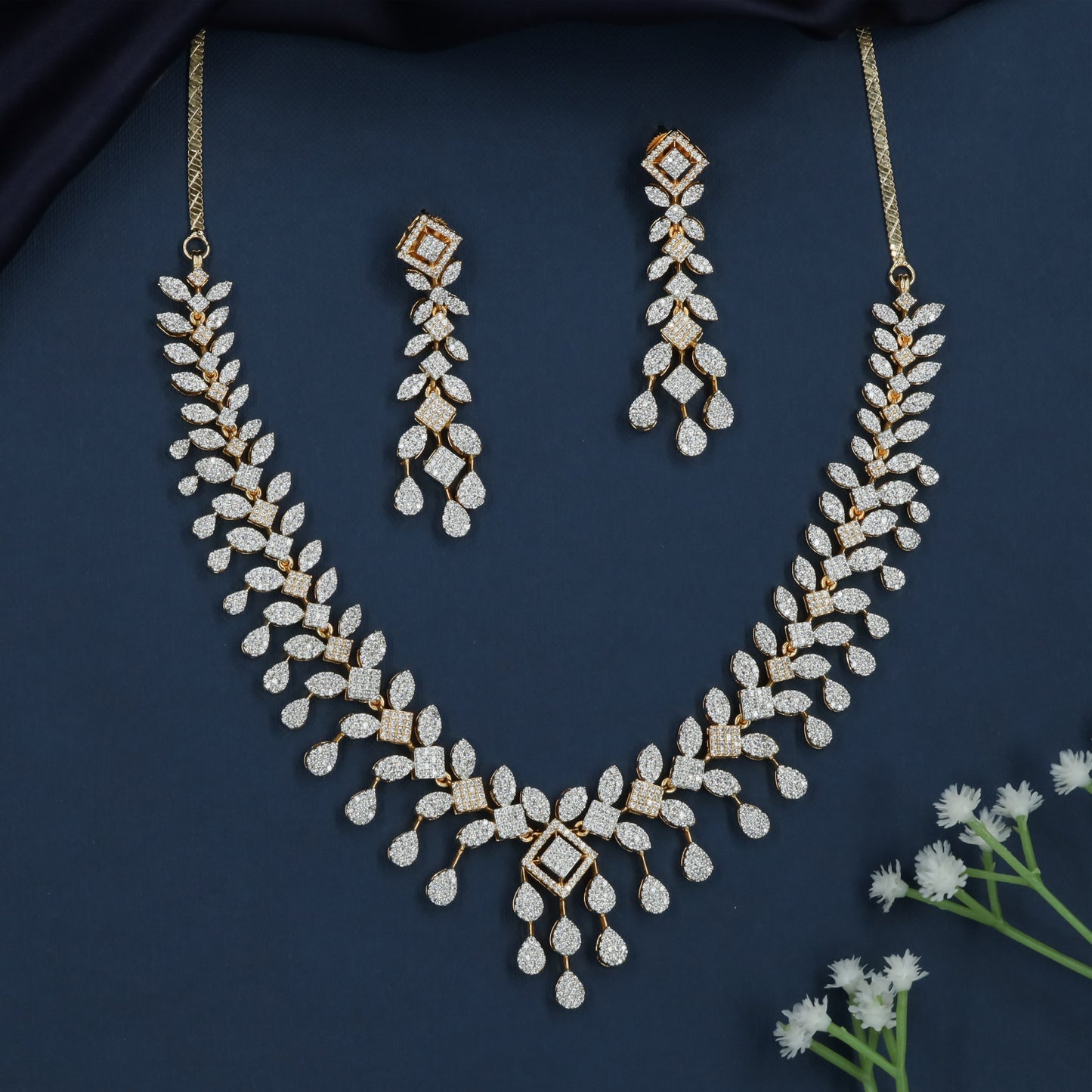 Aerial Leaf Necklace with Geometric Center Drop