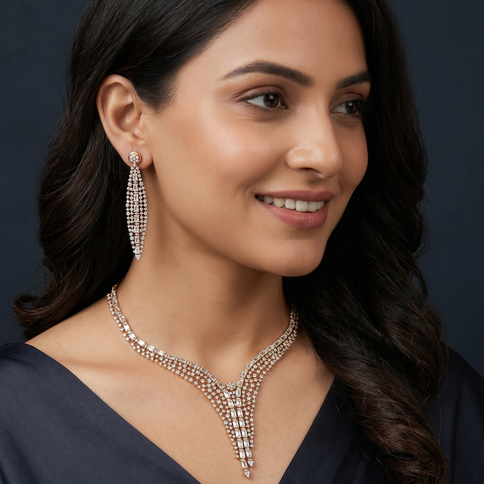 Crystal Stream Necklace with Structured V Shape Layout