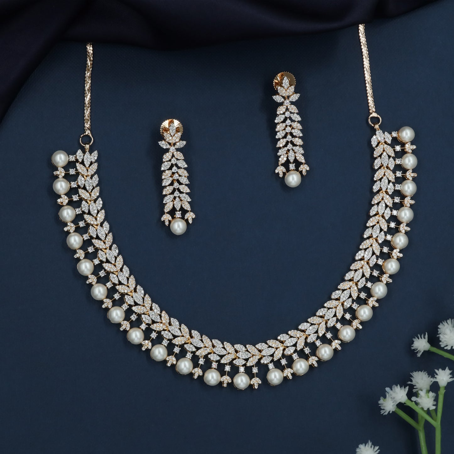 Brilliance Fern Rhodium Necklace with Pearl Drop Border