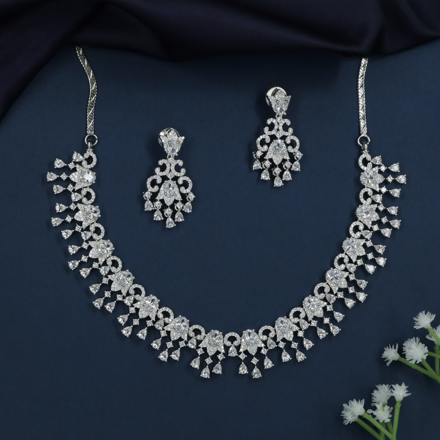 Jasmine Floral Necklace with Curved Scroll Pattern