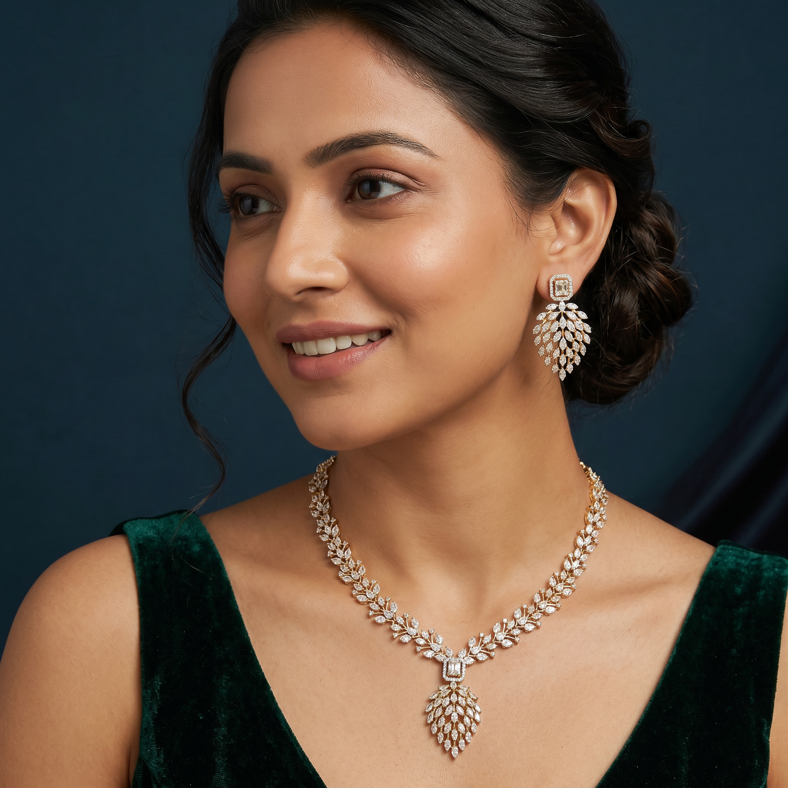 Luxury Leaf Connector Necklace with Structured Drop Pendant