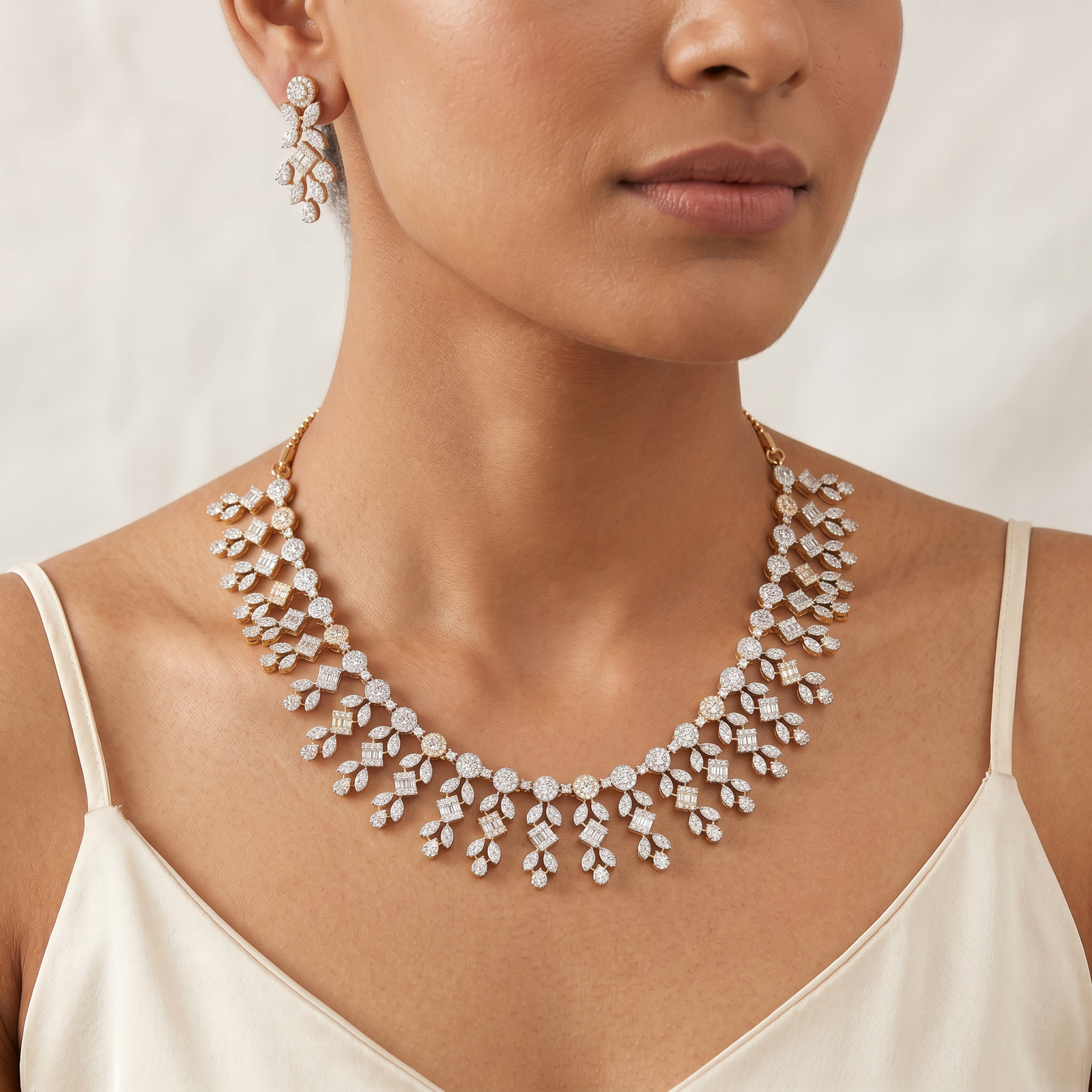 Diamond Grid Necklace with Cascading Branch Pattern