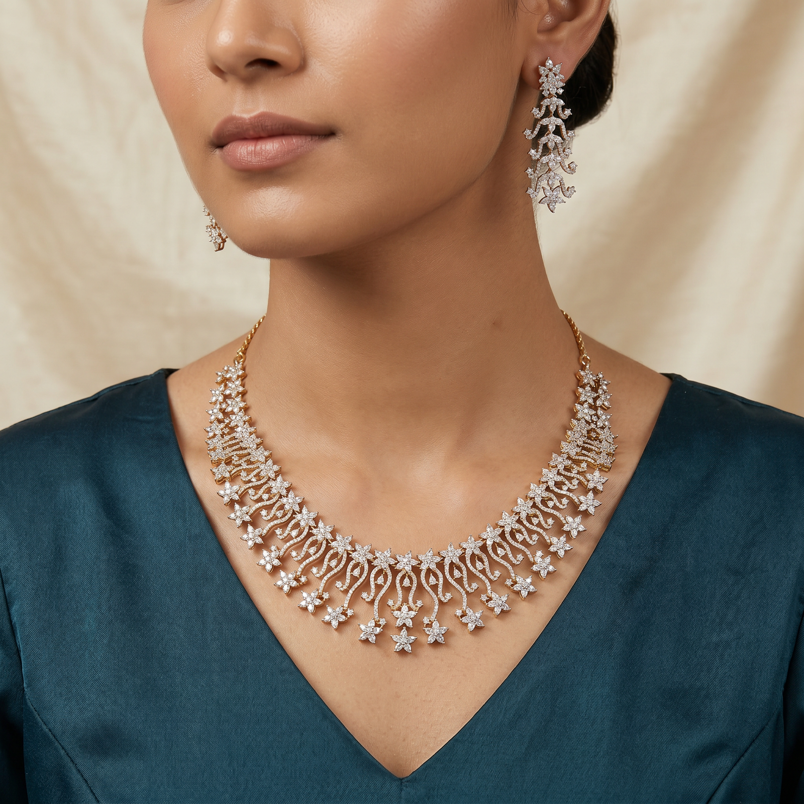 Curved Bloom Necklace with Cascading Star Borders