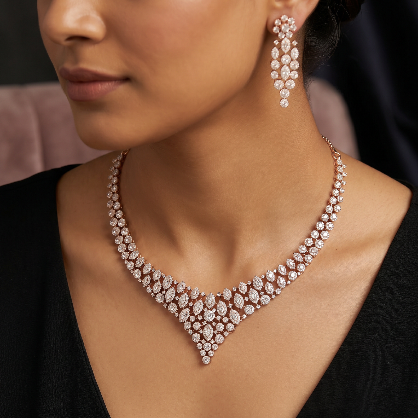 Teardrop Accent Necklace with Floral Cluster Detailing