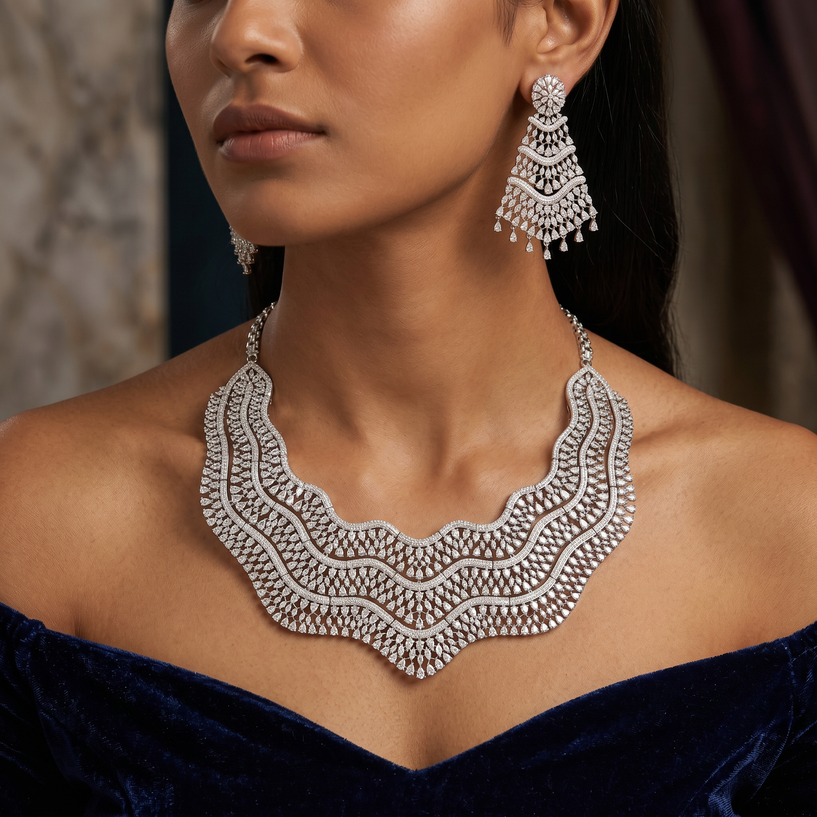 Wave Border Necklace with Layered Mesh Panels