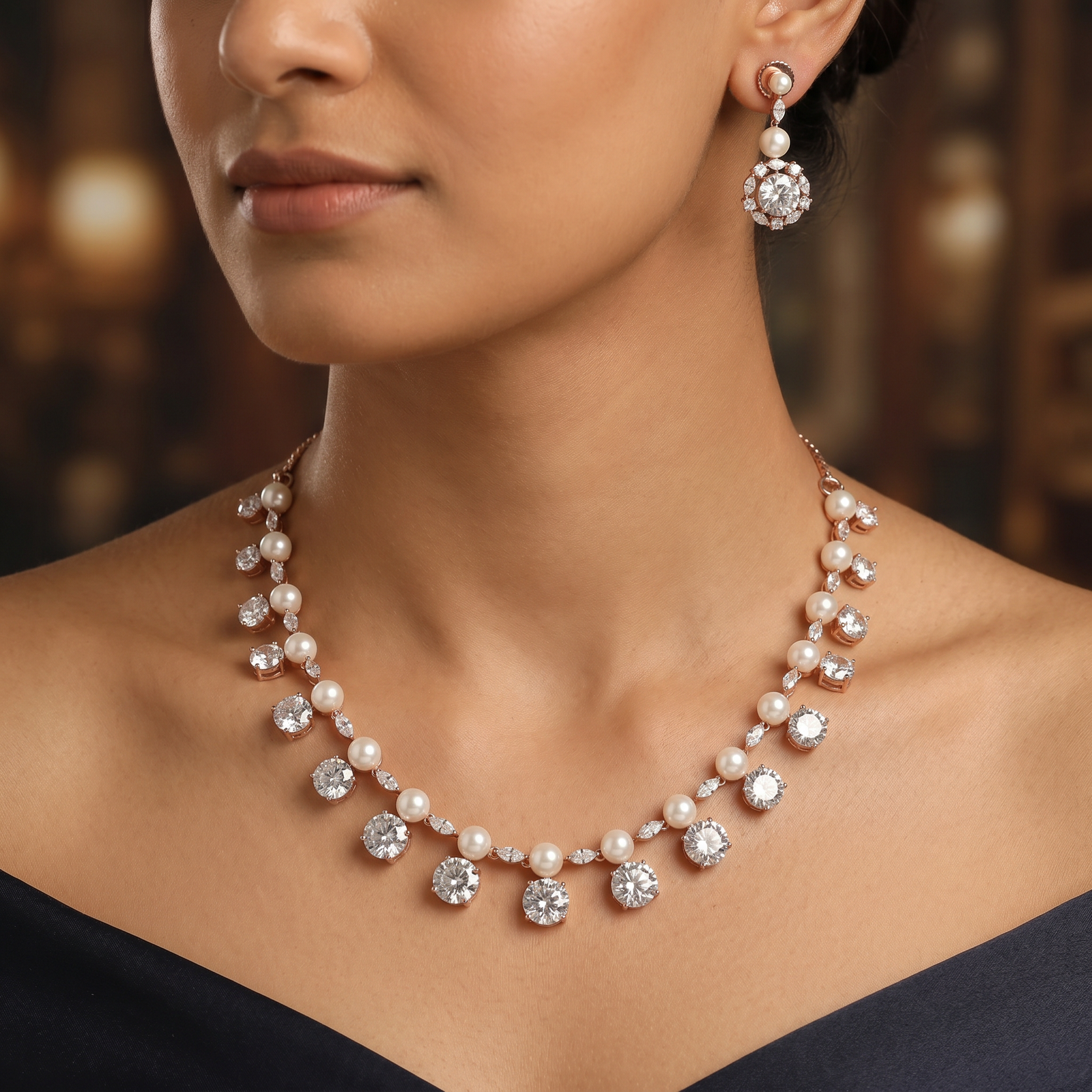 Pearl Drop Necklace with Circular Hanging Accents