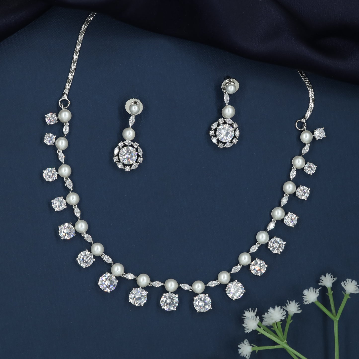 Pearl Drop Necklace with Circular Hanging Accents