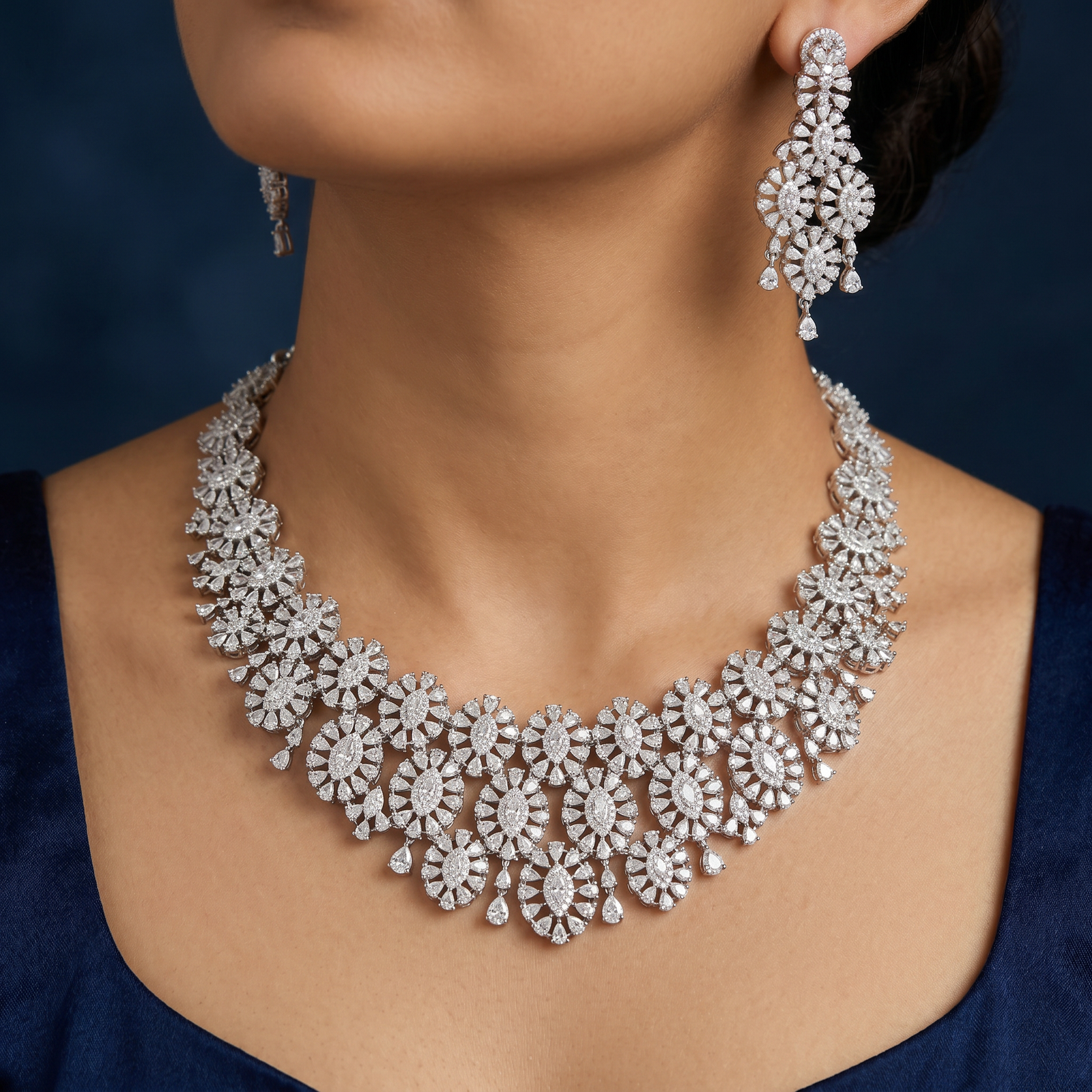 Floral Cluster Necklace with Layered Oval Bloom Panels