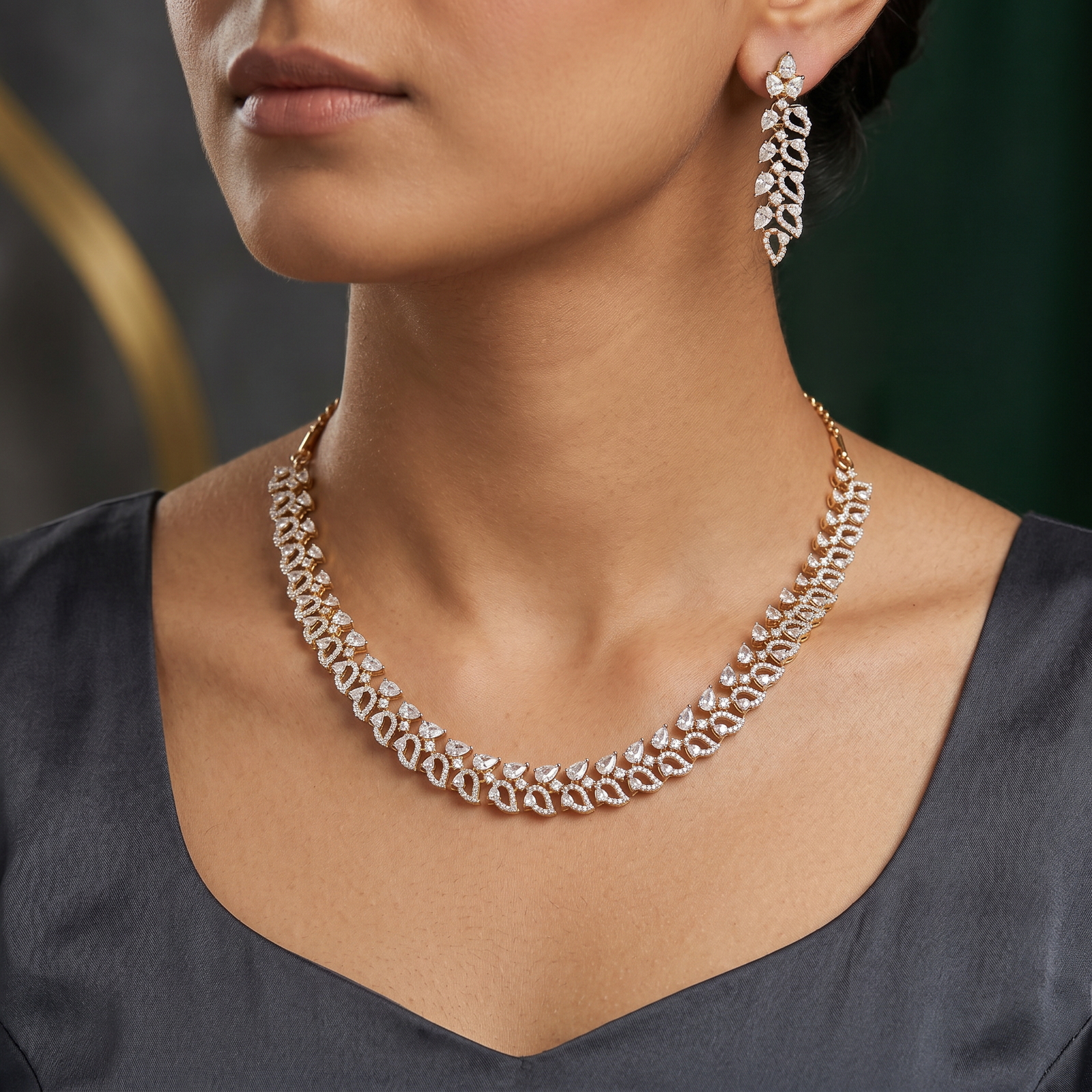 Chevron Border Necklace with Alternating Drop Panels