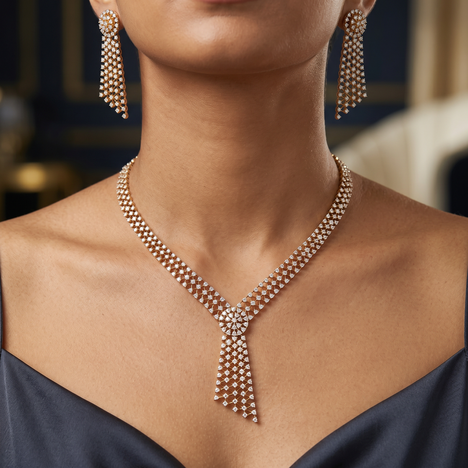 Crossband Panel Necklace with Layered Mesh Detailing