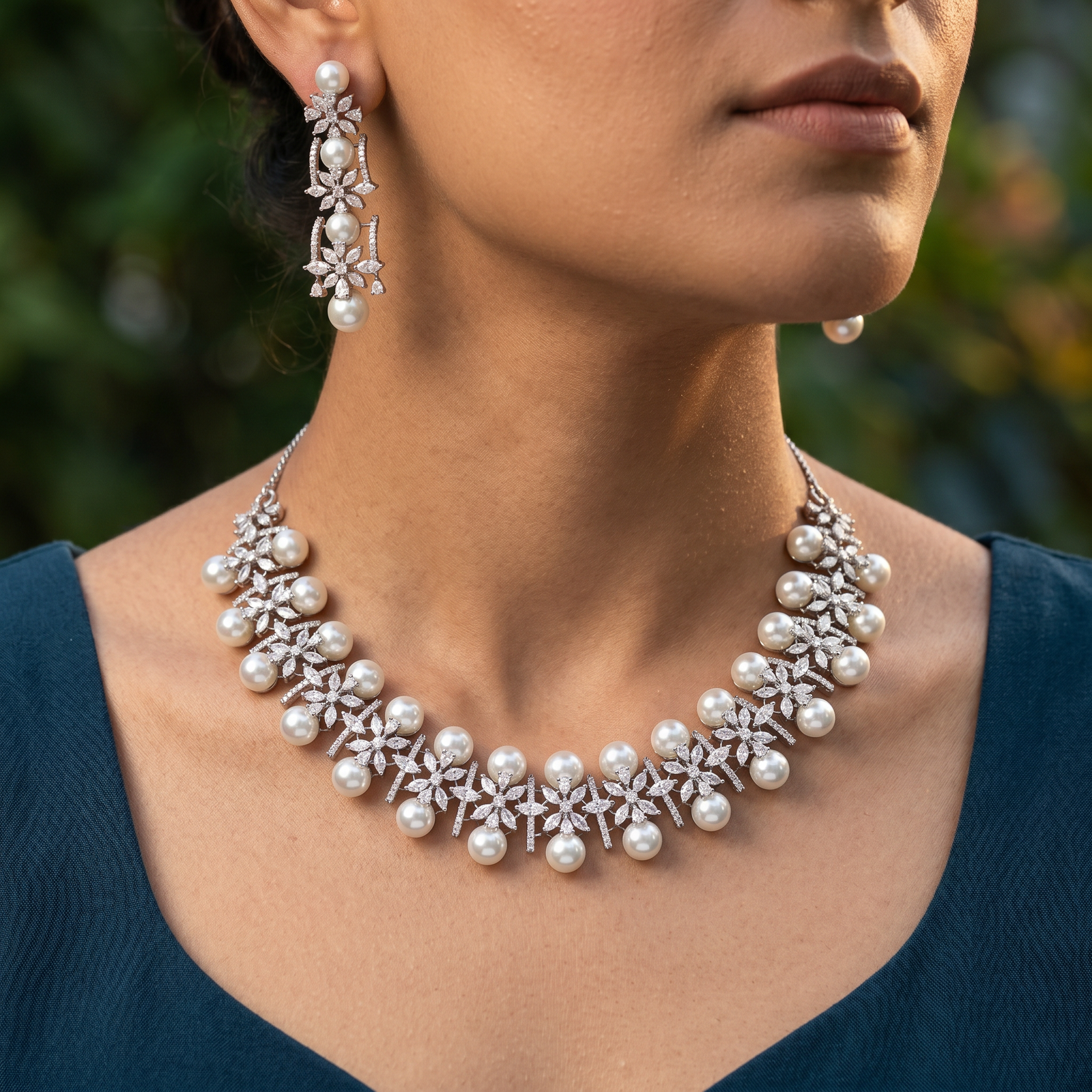 Scalloped Garland Necklace with Hanging Pearl Formation