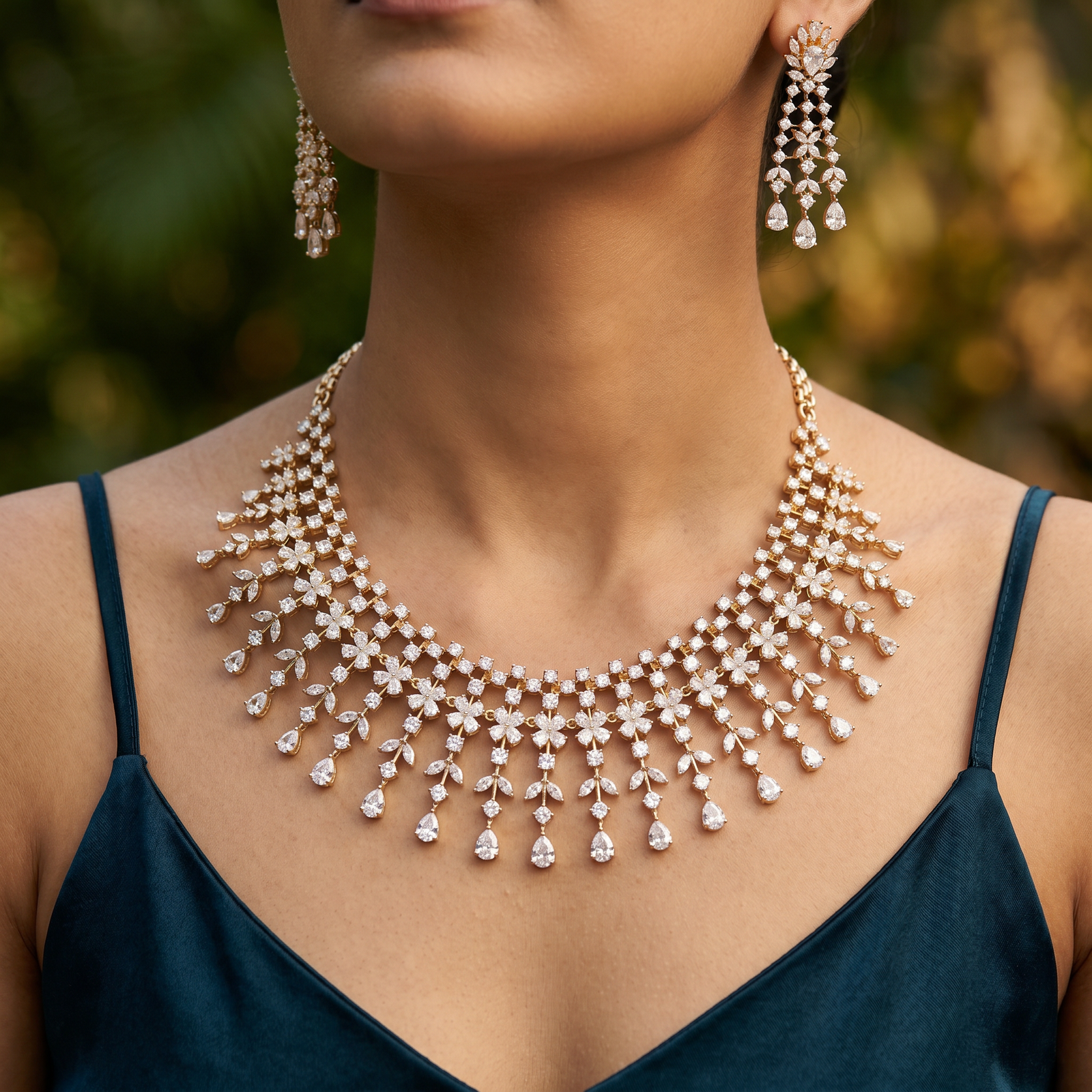 Checkered Fringe Necklace with Cascading Floral Drops