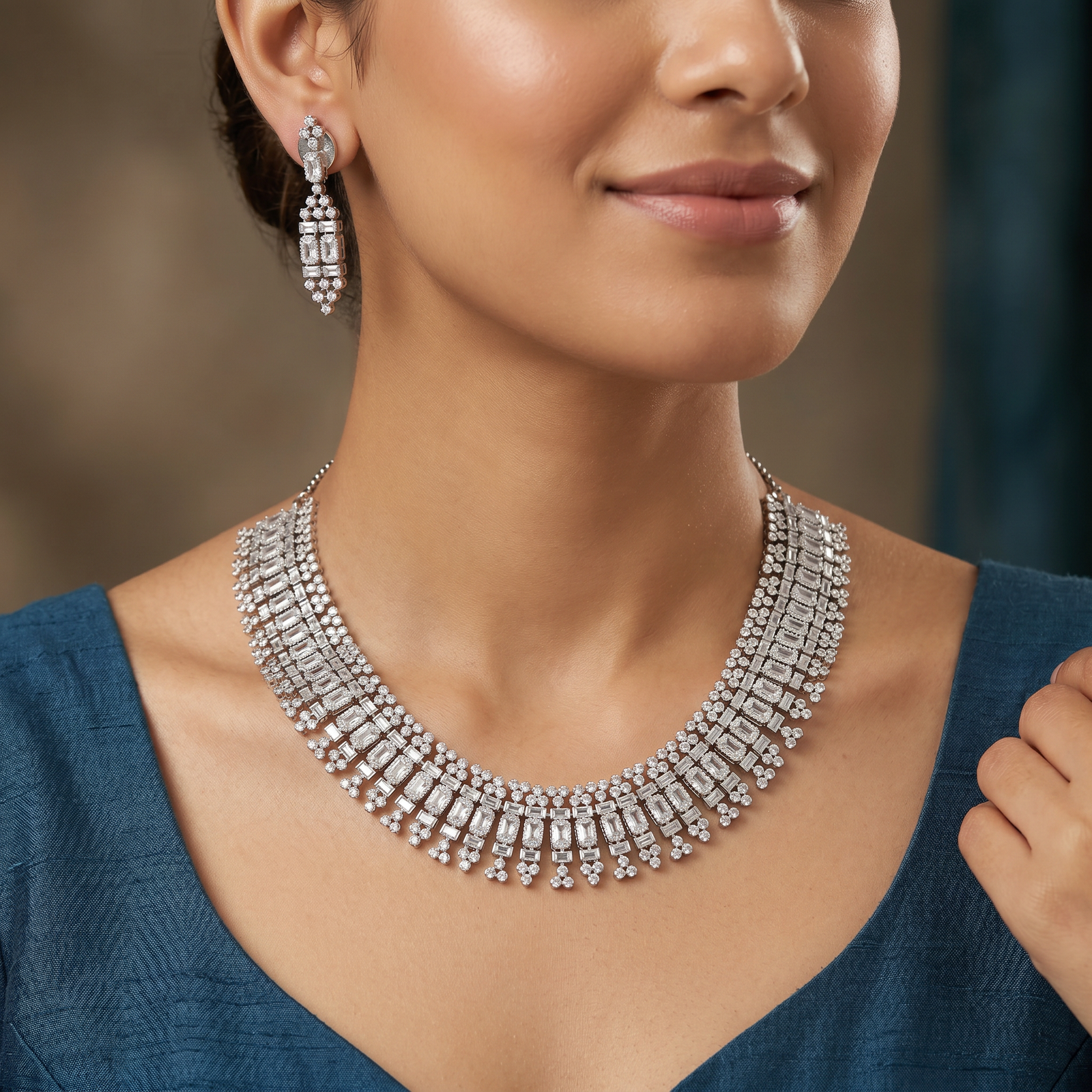 Rectangular Fringe Necklace with Cascading Crystal Borders