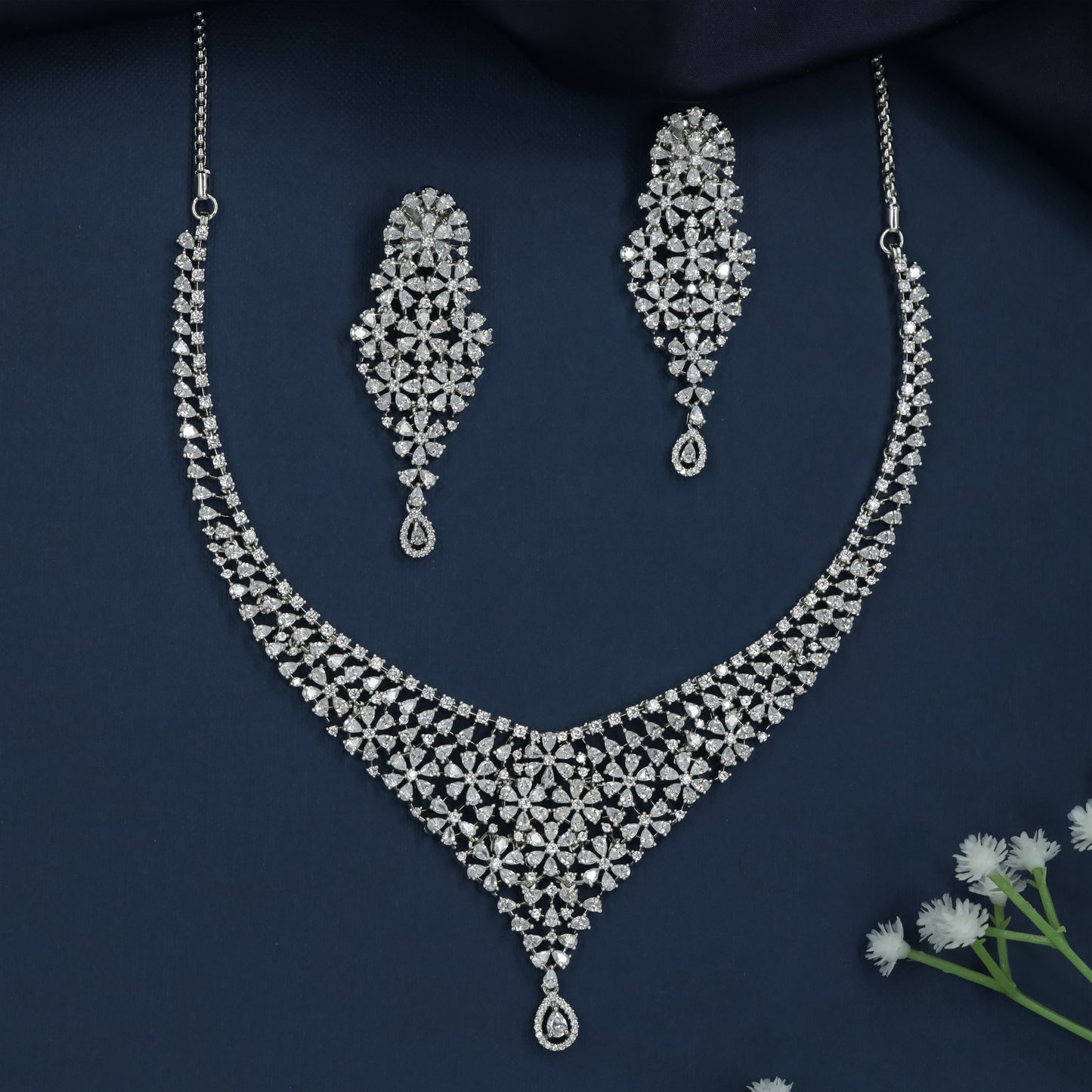 Blossom Lattice Rhodium Necklace with Pointed Center Drop