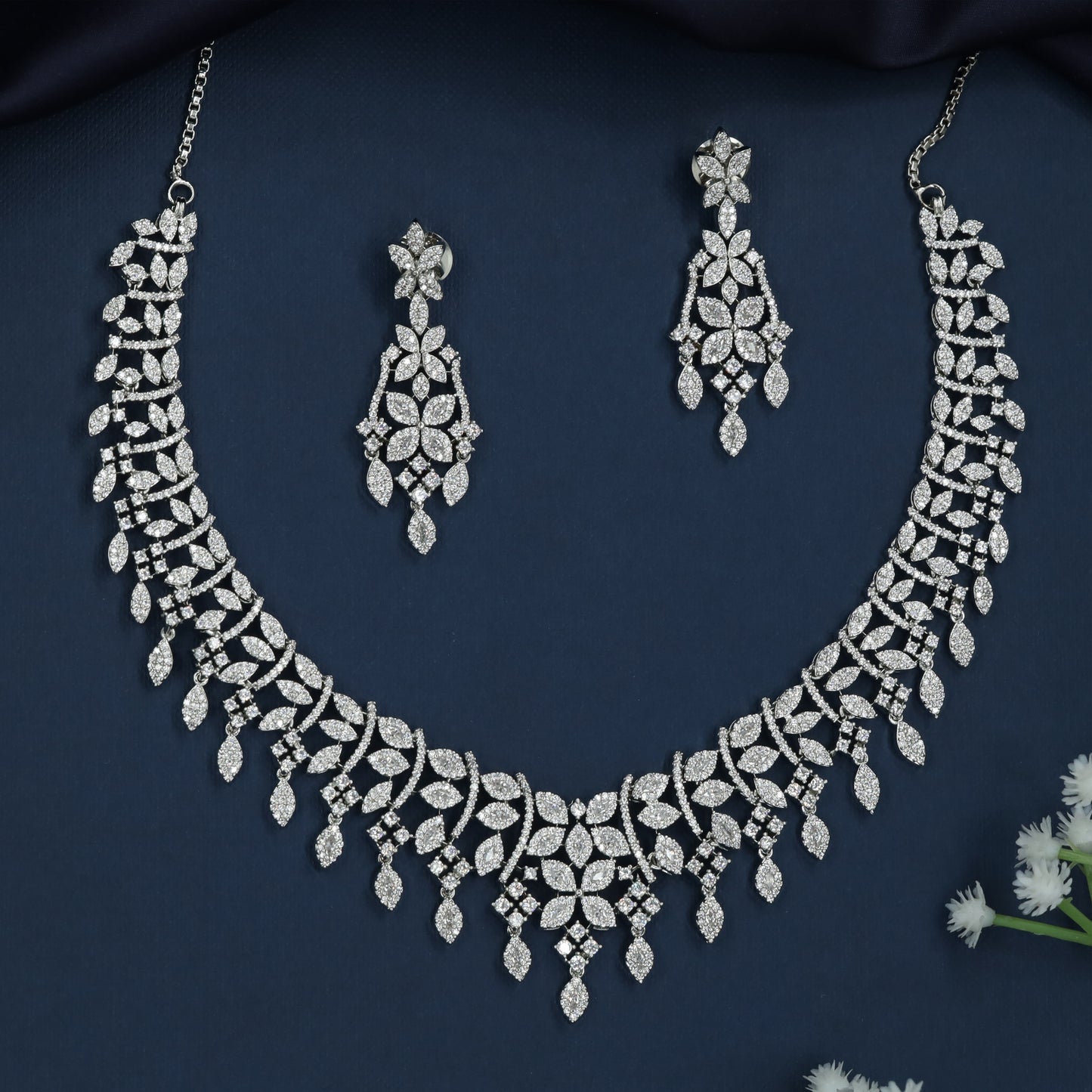 Regal Floral Rhodium Necklace with Decorative Fringe Borders
