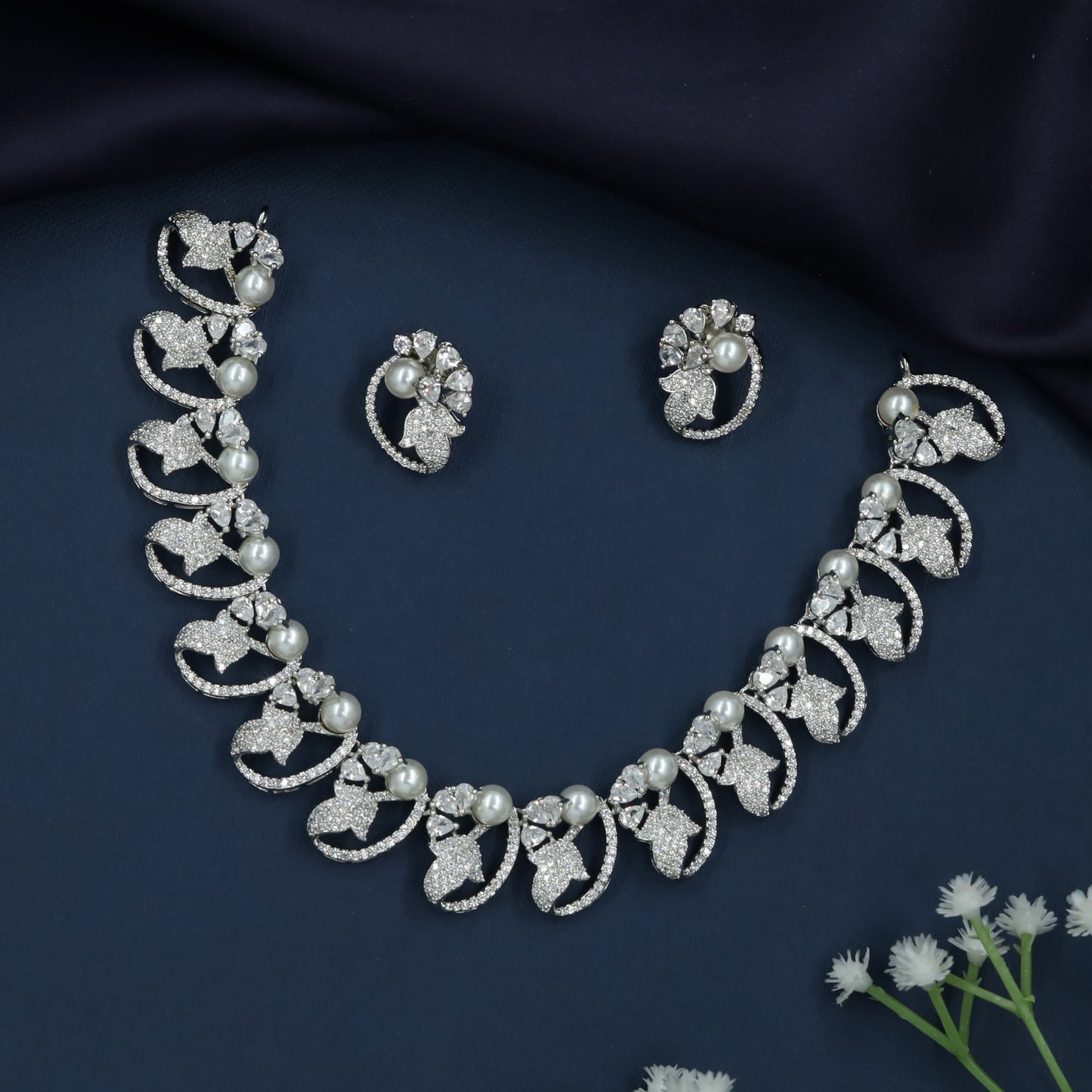 Petal Swing Rhodium Necklace with Circular Vine Layout