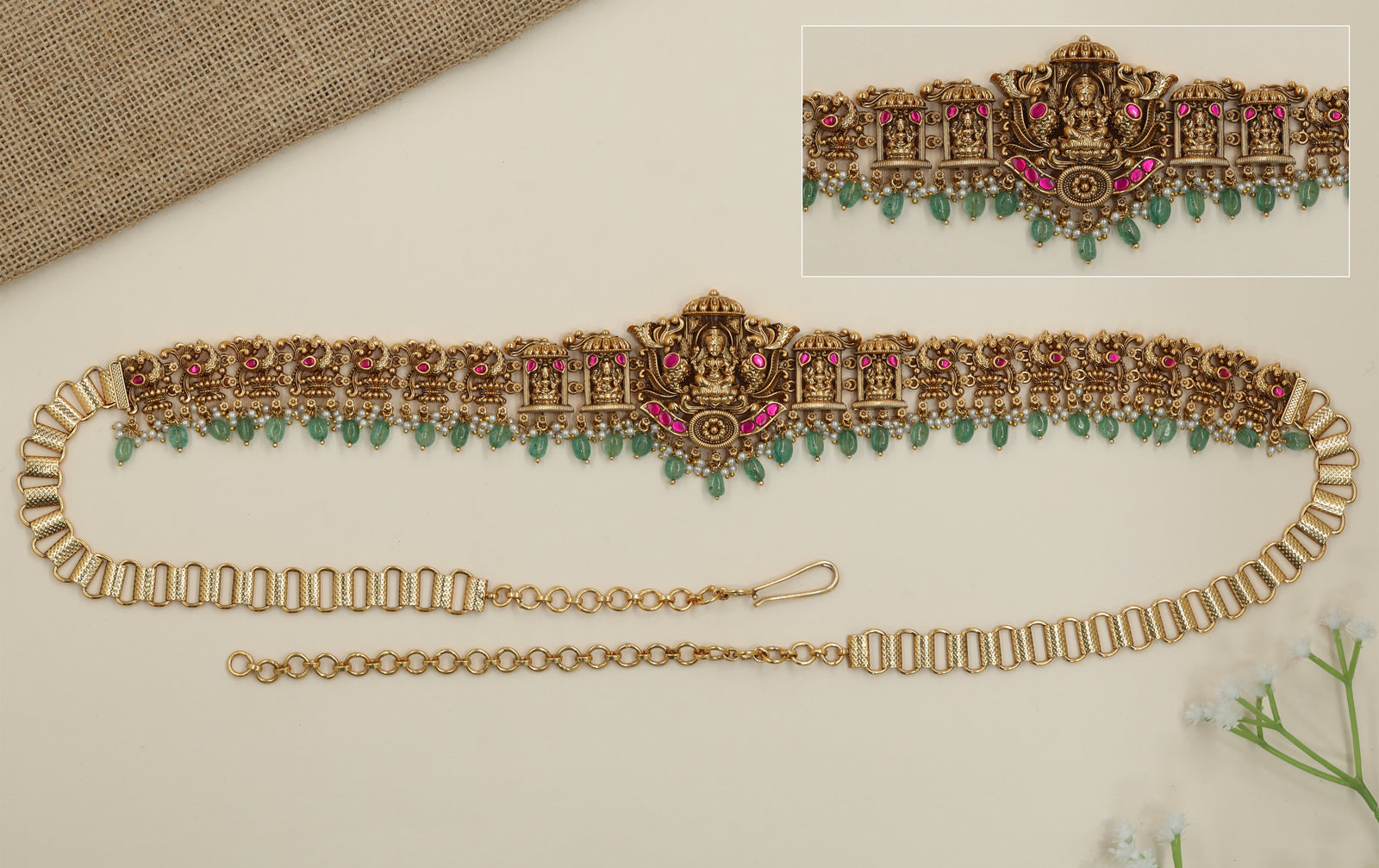Pendant Shrine Antique Waist Belt with Lakshmi Center and Fringe Drops