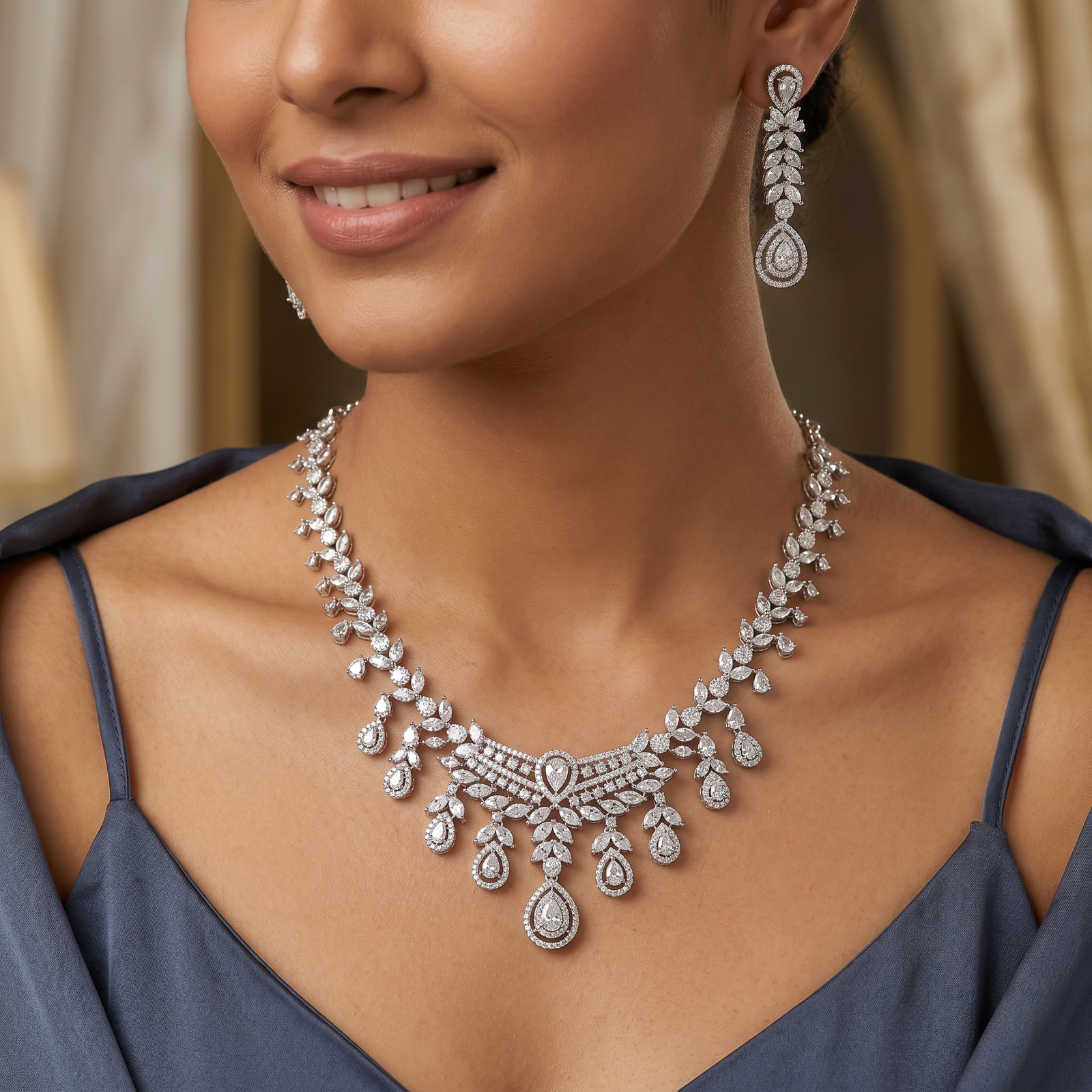 Royal Blossom Curve GJ Necklace with Dual Floral Chain Layout