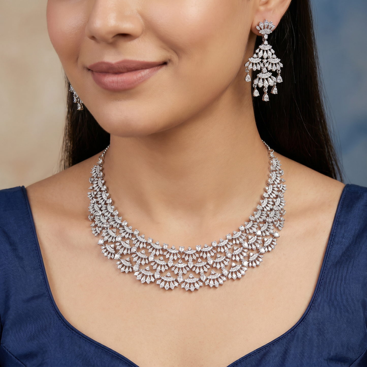 Vine Curve Rhodium Necklace with Decorative Fringe Layout