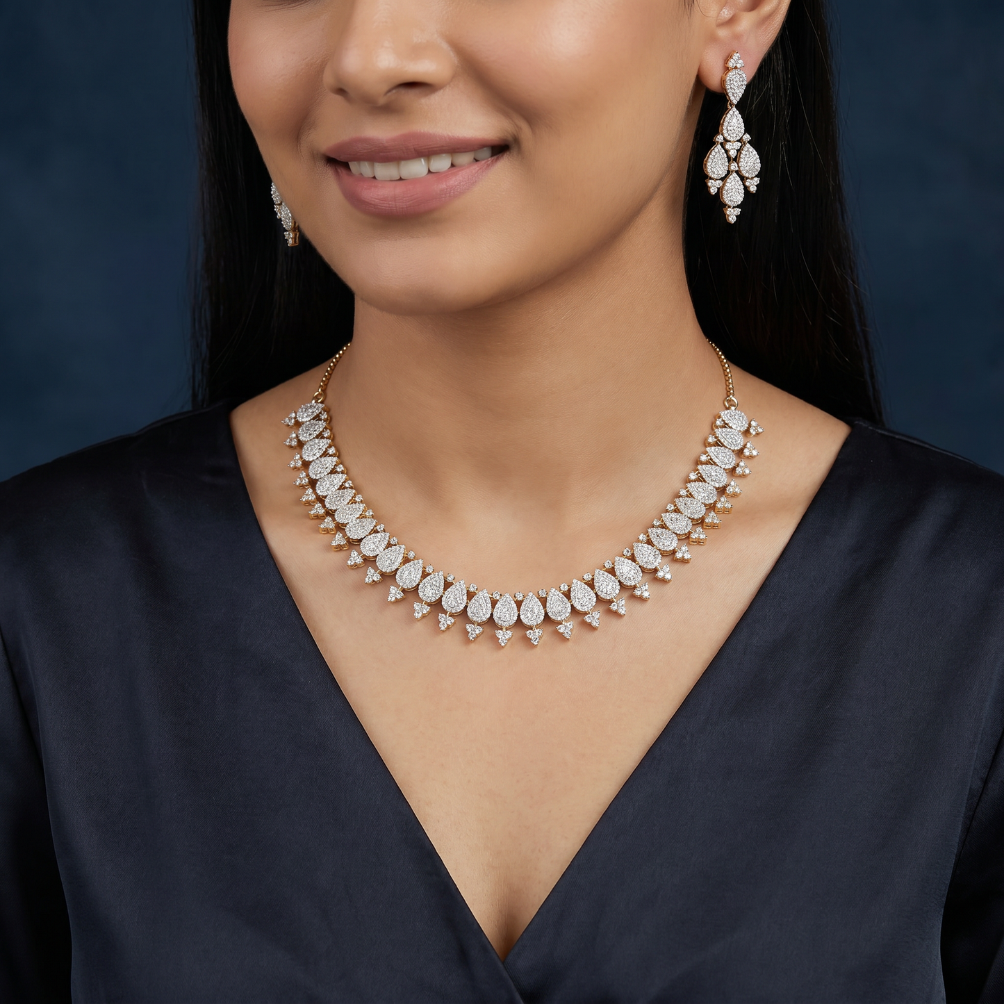 Petal Border Collar GJ Necklace with Symmetrical Drop Layout
