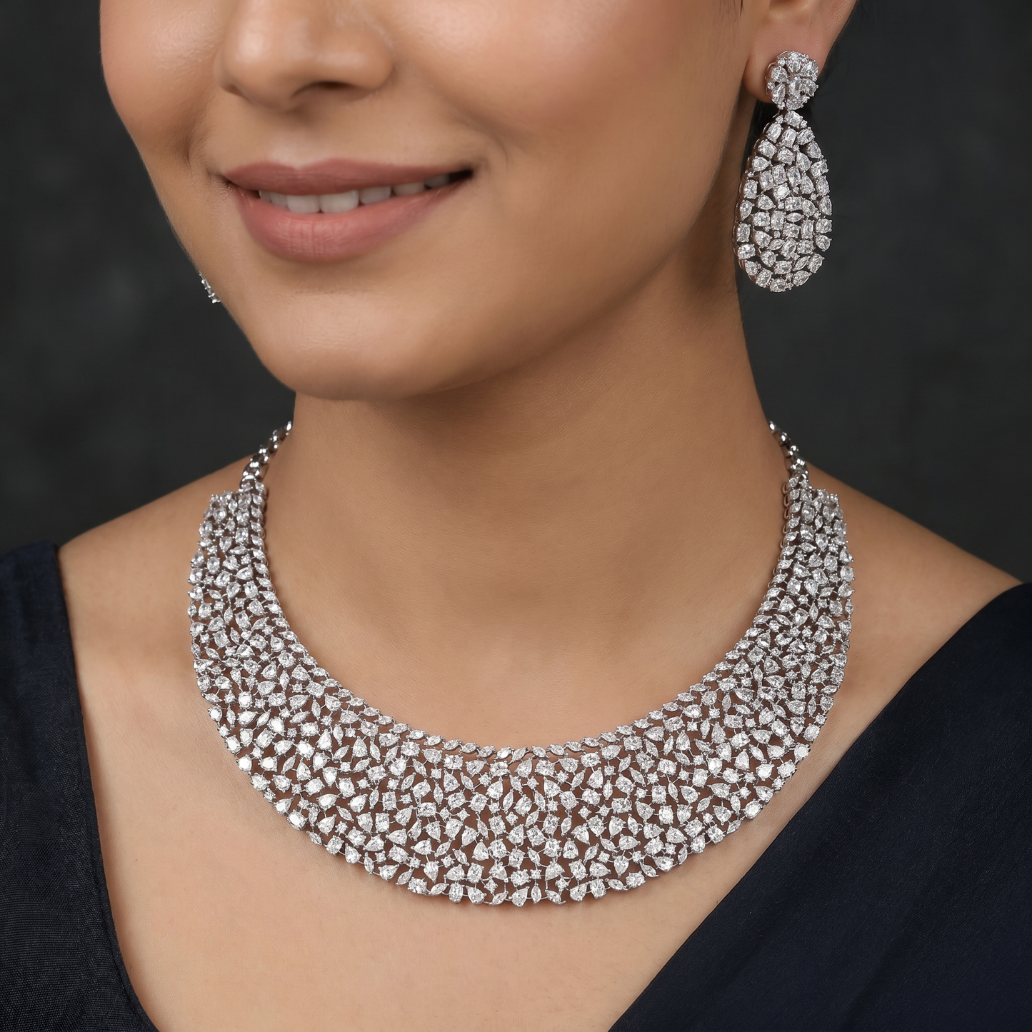 Grand Cluster Curve Rhodium Necklace with Compact Hanging Styling