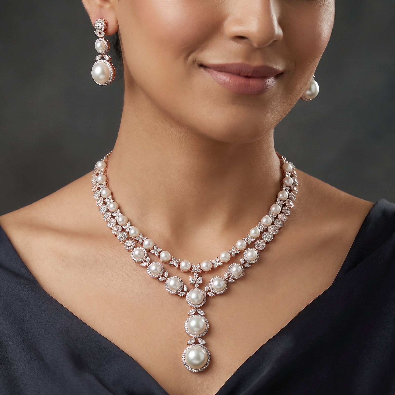 Woven Drop Rose Gold Necklace with Rounded Pendant Formation
