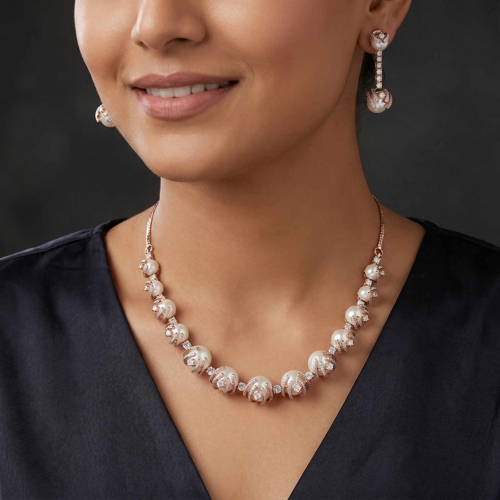 Halo Pearl Sweep Rose Gold Necklace with Compact Bead Alignment