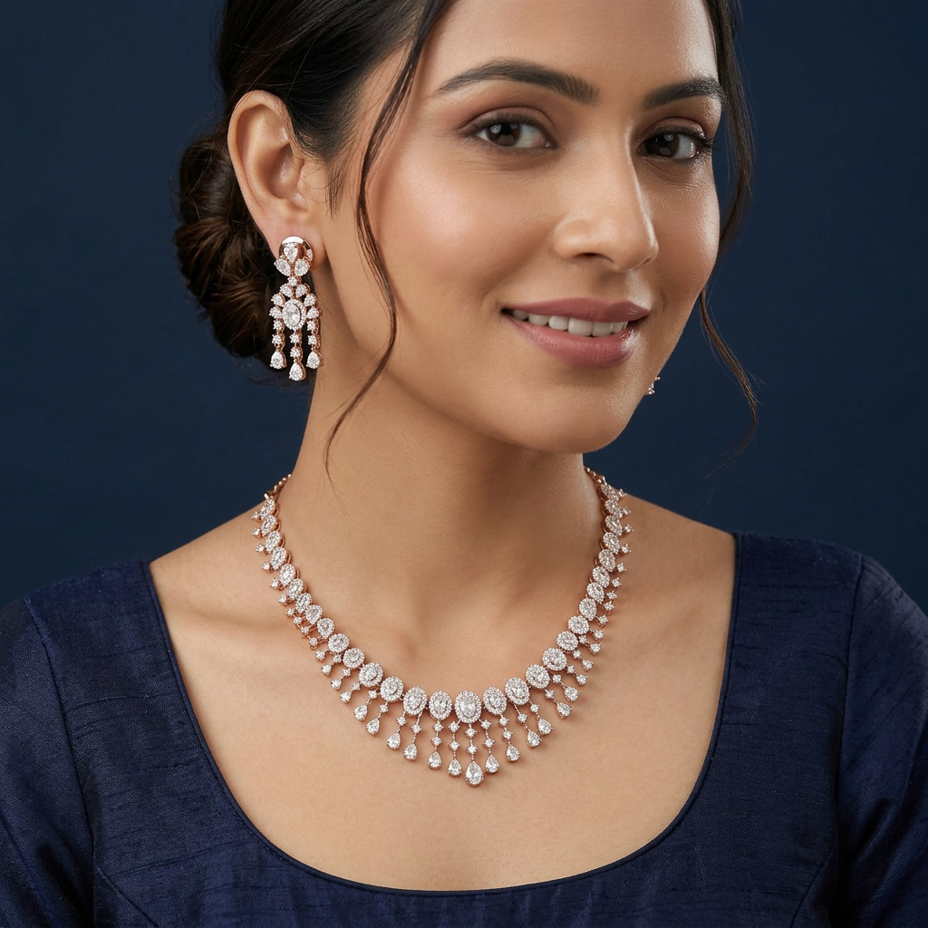 Radiating Oval Sweep Rose Gold Necklace with Hanging Tassel Detailing