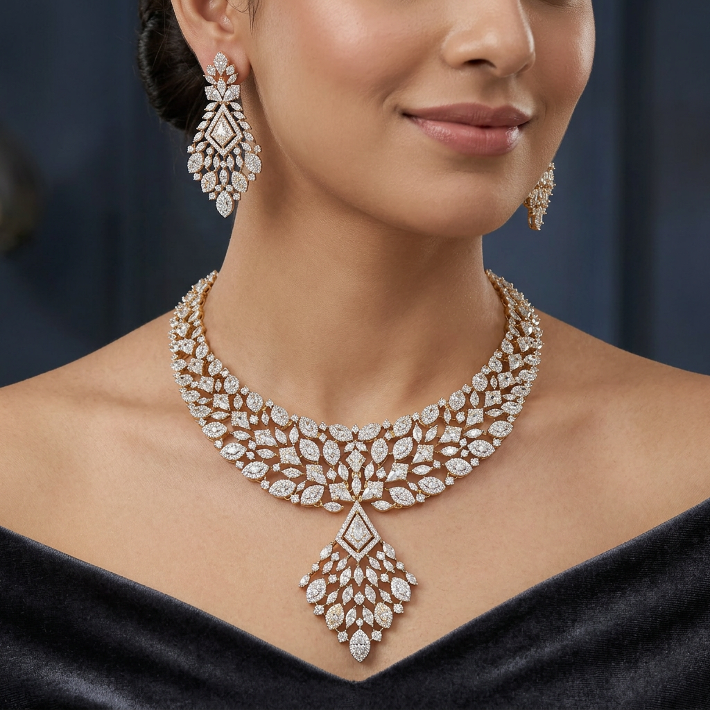 Radiating Leaf Layout Necklace in GJ Finish with Pendant Fringe