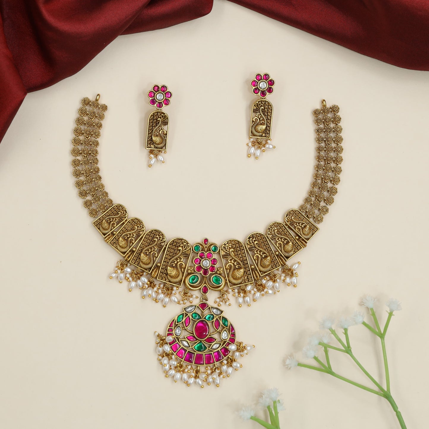 Classic Peacock Jadau Necklace with Lotus Center Pendant