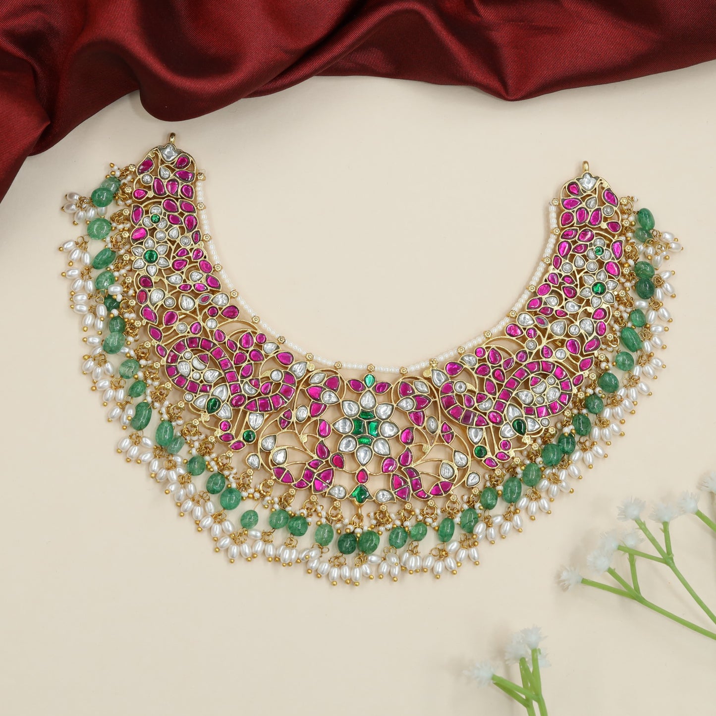 Heritage Peacock Jadau Necklace with Fringe Border Styling