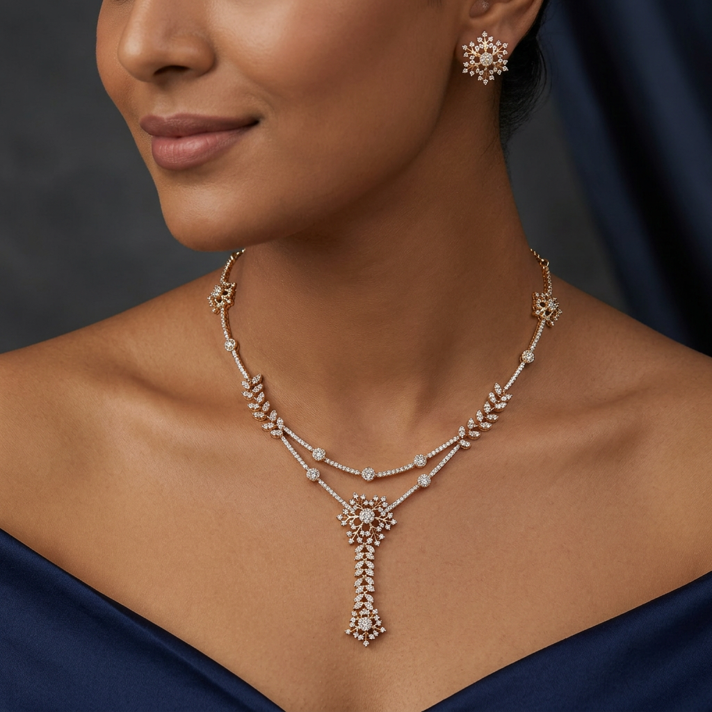 Snowflake Drop Necklace with Dual Line Border Styling