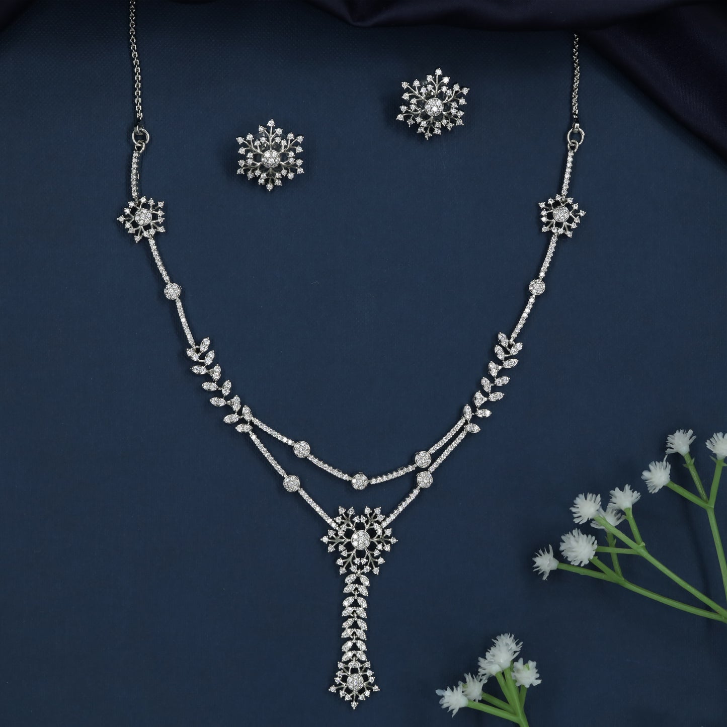 Snowflake Drop Necklace with Dual Line Border Styling