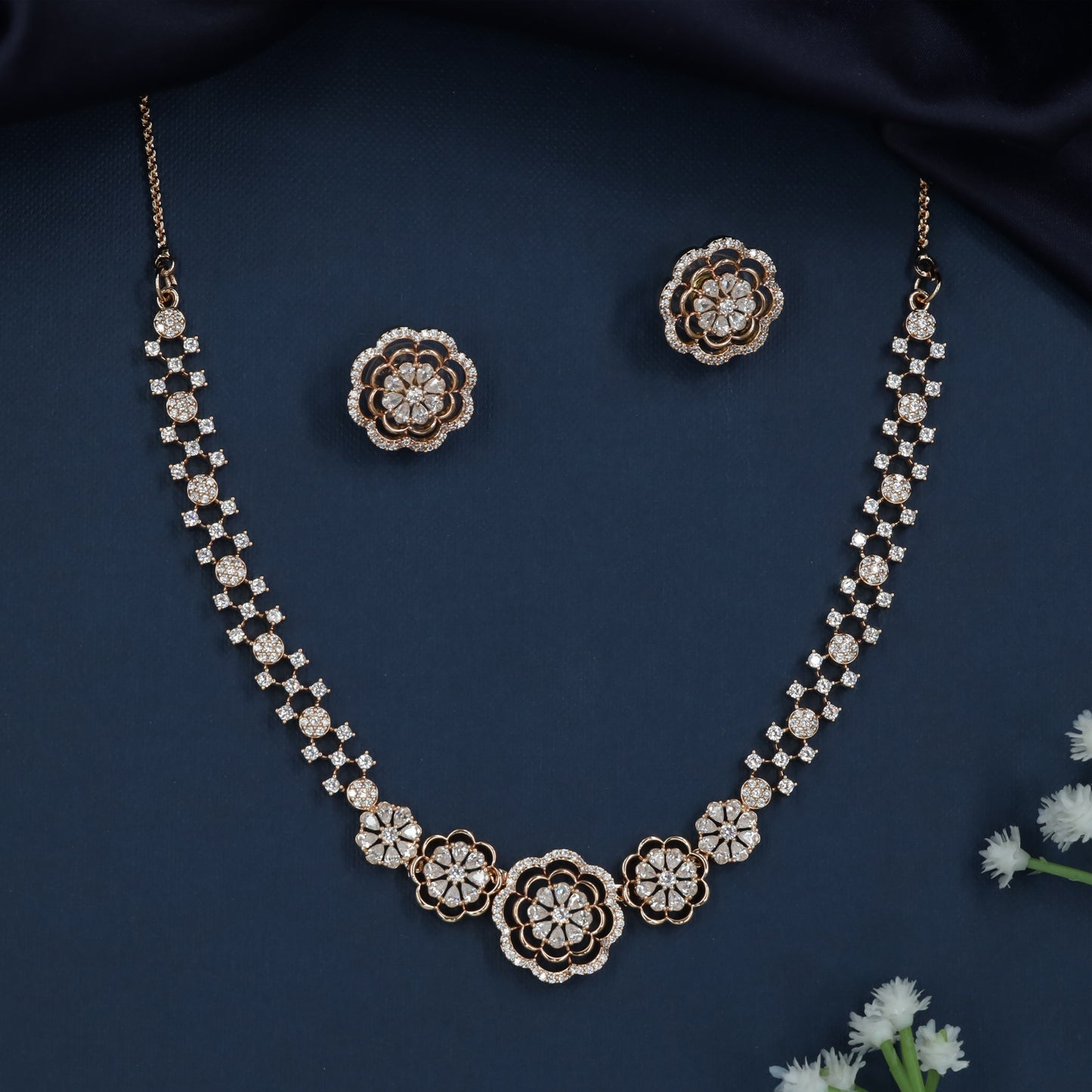 Floral Chain Necklace with Repeating Circular Connector Work