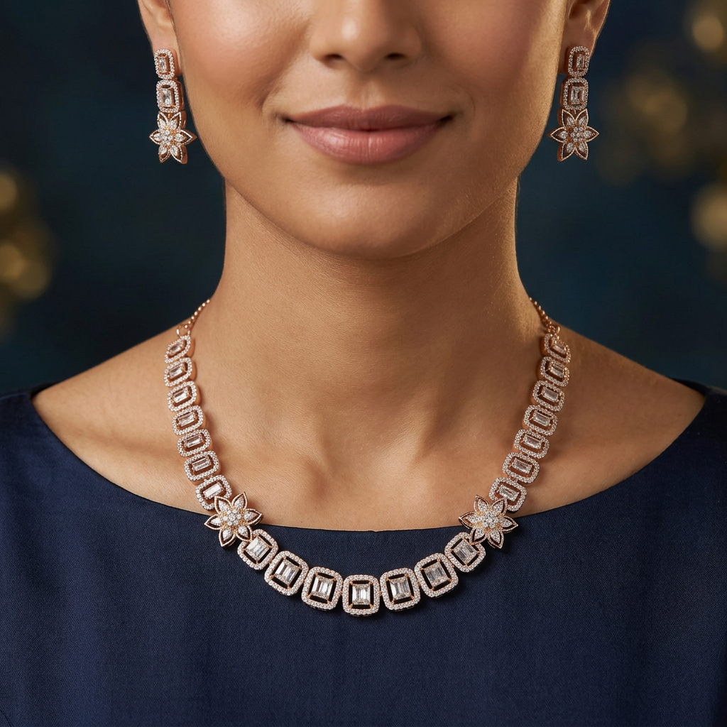 Archline Square Necklace with Floral Side Connector Detailing