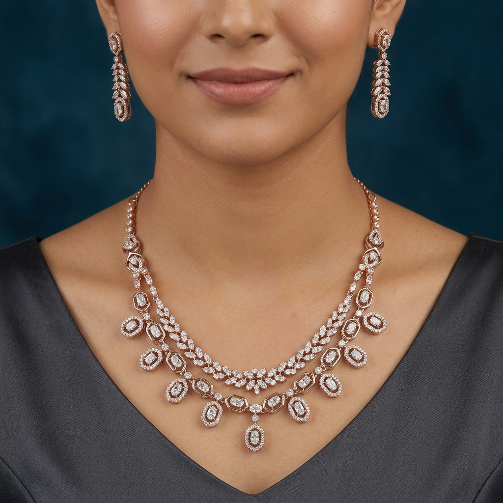 Luxury Dual Chain Necklace with Floral Surface Styling