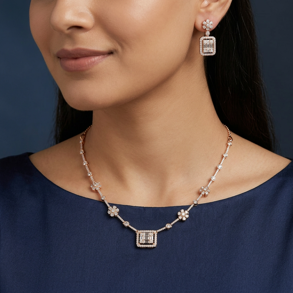 Floral Necklace with Square Pendant Detailing