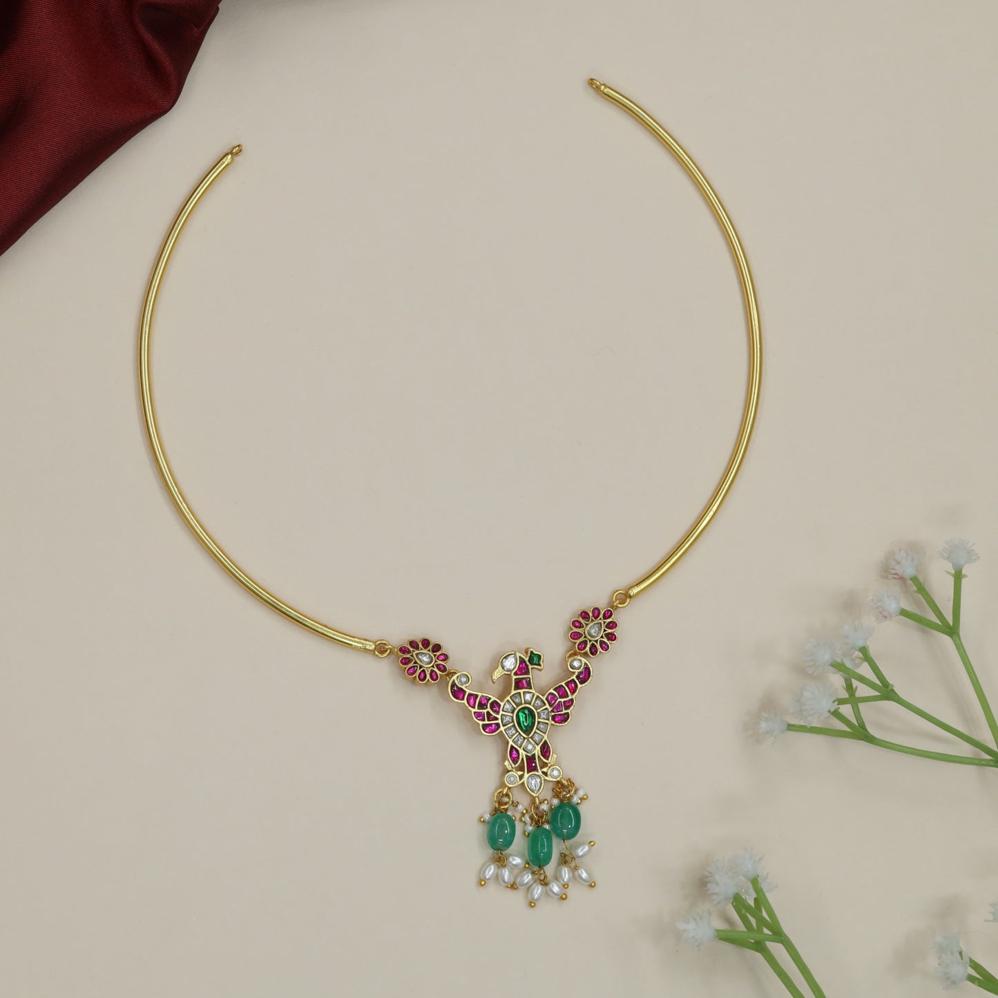 Orchid Bird Jadau Necklace with Floral Connector Accents