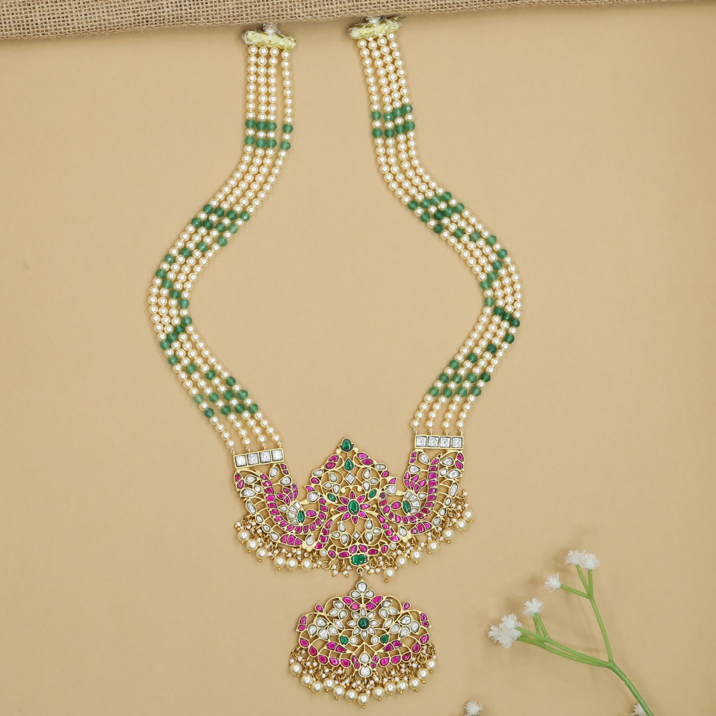 Lotus Mesh Jadau Long Hara with Hanging Pearl Clusters